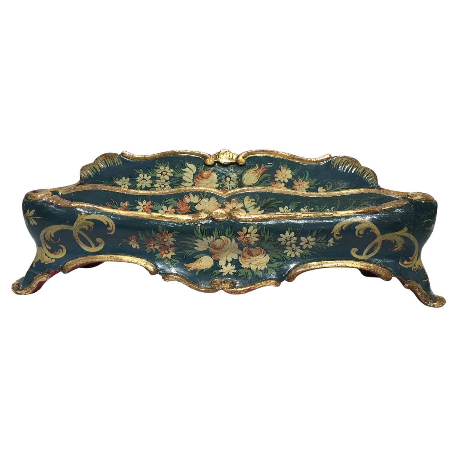 1775 Venezia Italy Blue Lacquered Wooden Engraved TablePaper Holder with Flowers For Sale
