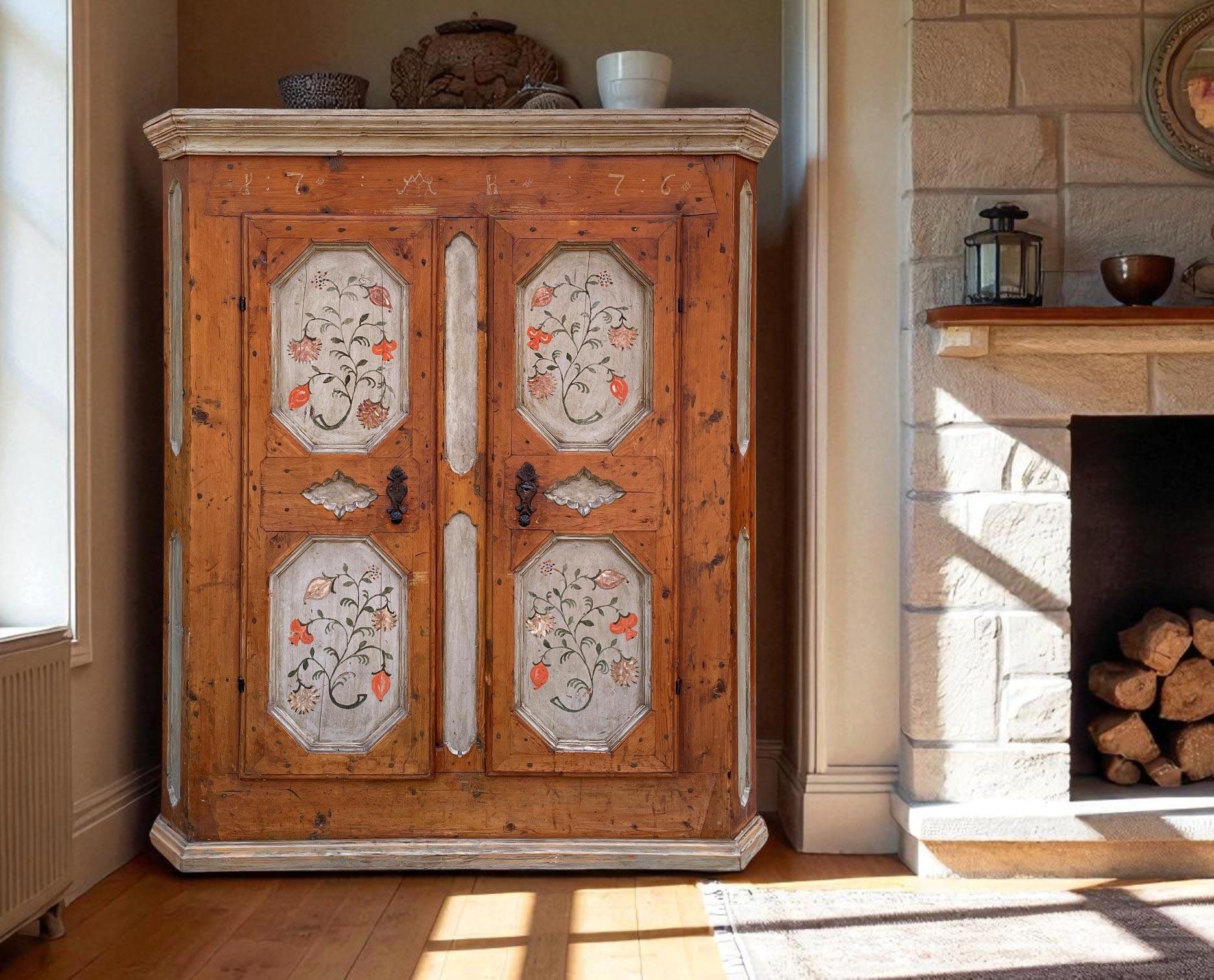 Late 18th Century 1776 Floral Painted Cupboard - European Alps For Sale