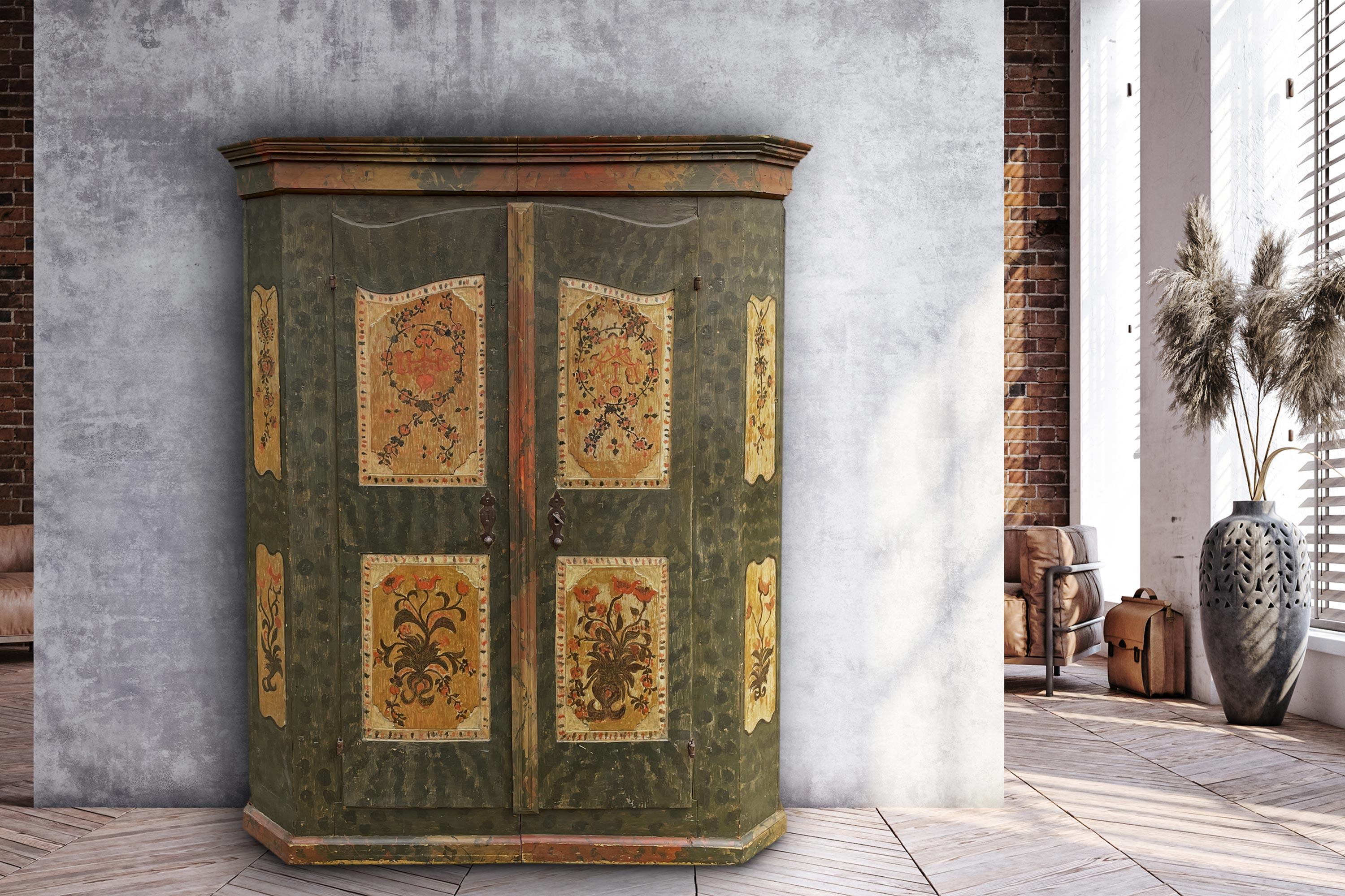 Neoclassical 1776 Green Floral Painted Cabinet For Sale