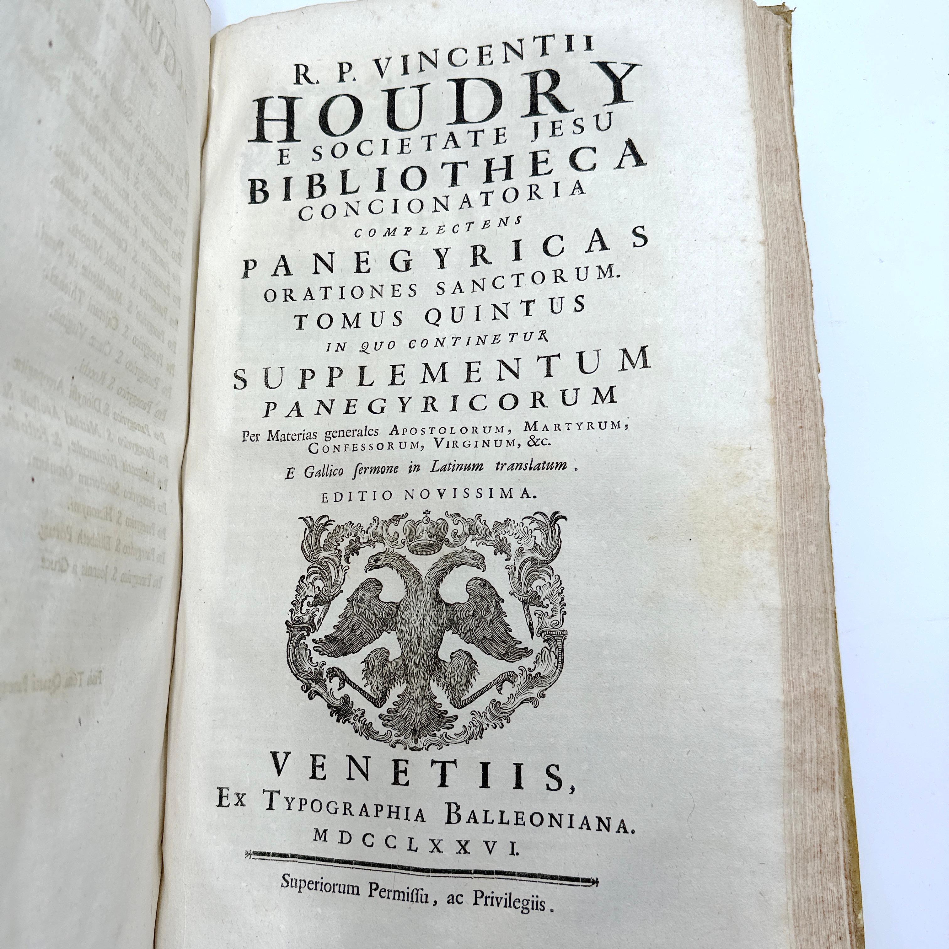 1776 R.P. Vincentii Houdry, E Societate Jesu Bibliotheca (Alle 5 Bände als 1) gedruckt (Italienisch) im Angebot
