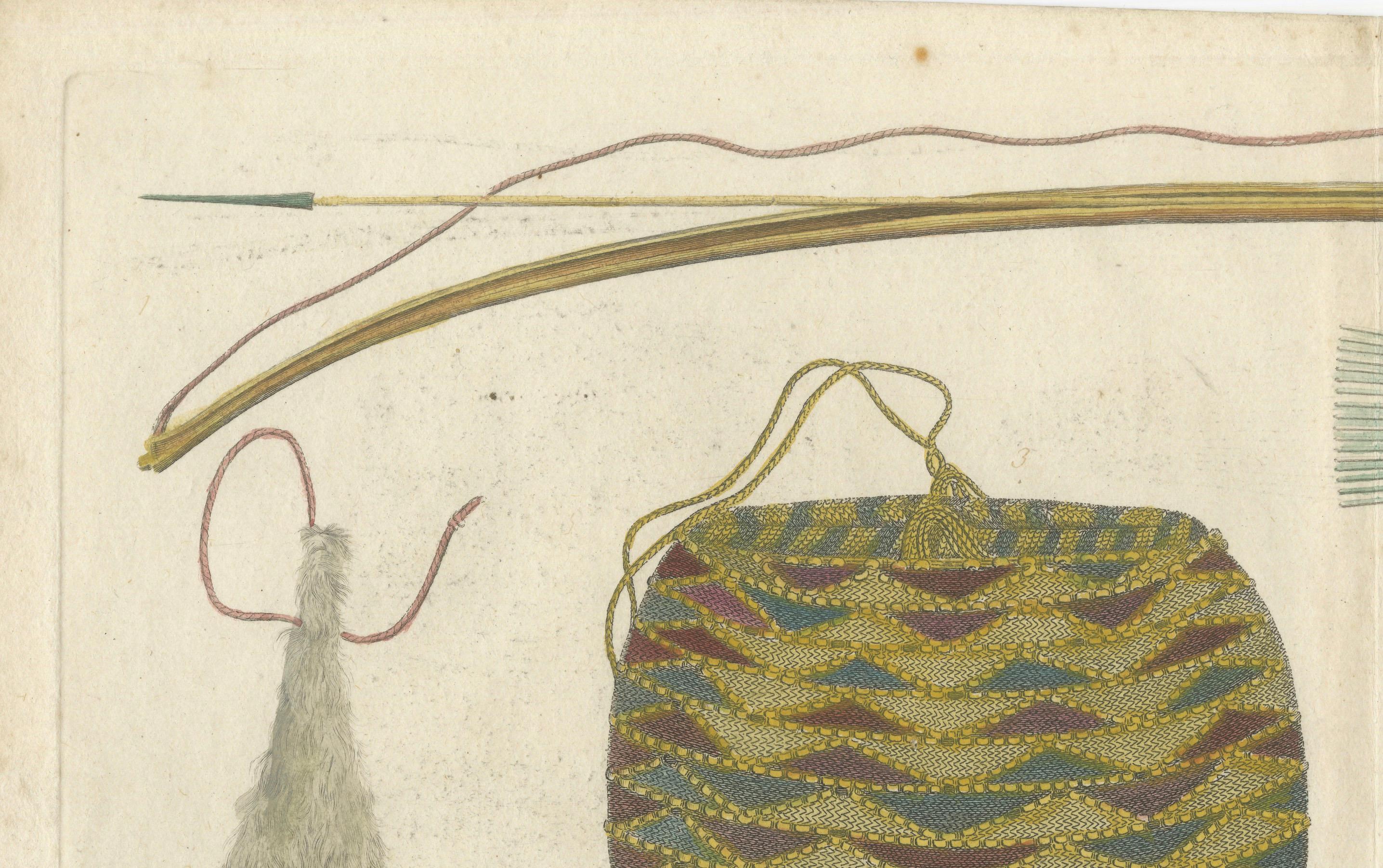Incisione del 1777 di armi e manufatti tongani del terzo viaggio del Capitano Cook in vendita 1