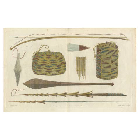 1777 Engraving of Tongan Weapons & Artifacts from Captain Cook's Third Voyage