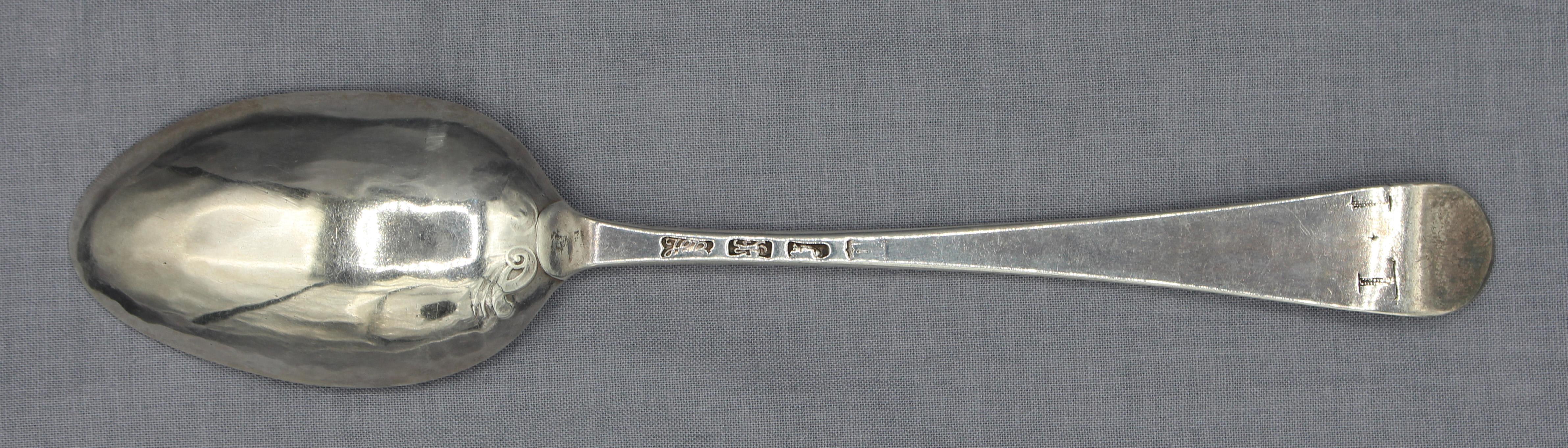 1777 Hanoverian pattern sterling silver tablespoon by Hester Bateman, London. Obverse period monogram 