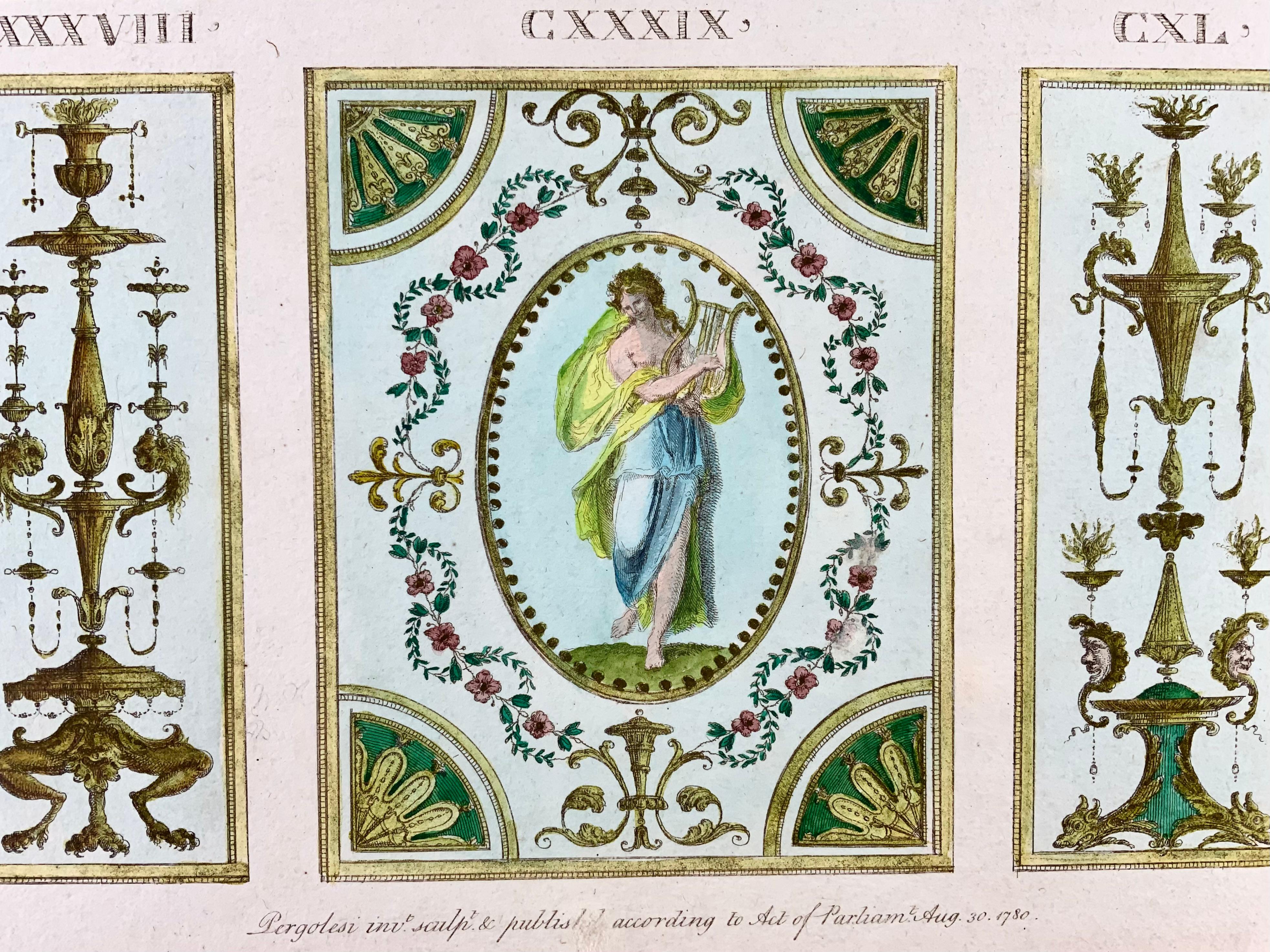 English 1777 Ornament, mythology, M. Pergolesi, large folio, original hand colour For Sale
