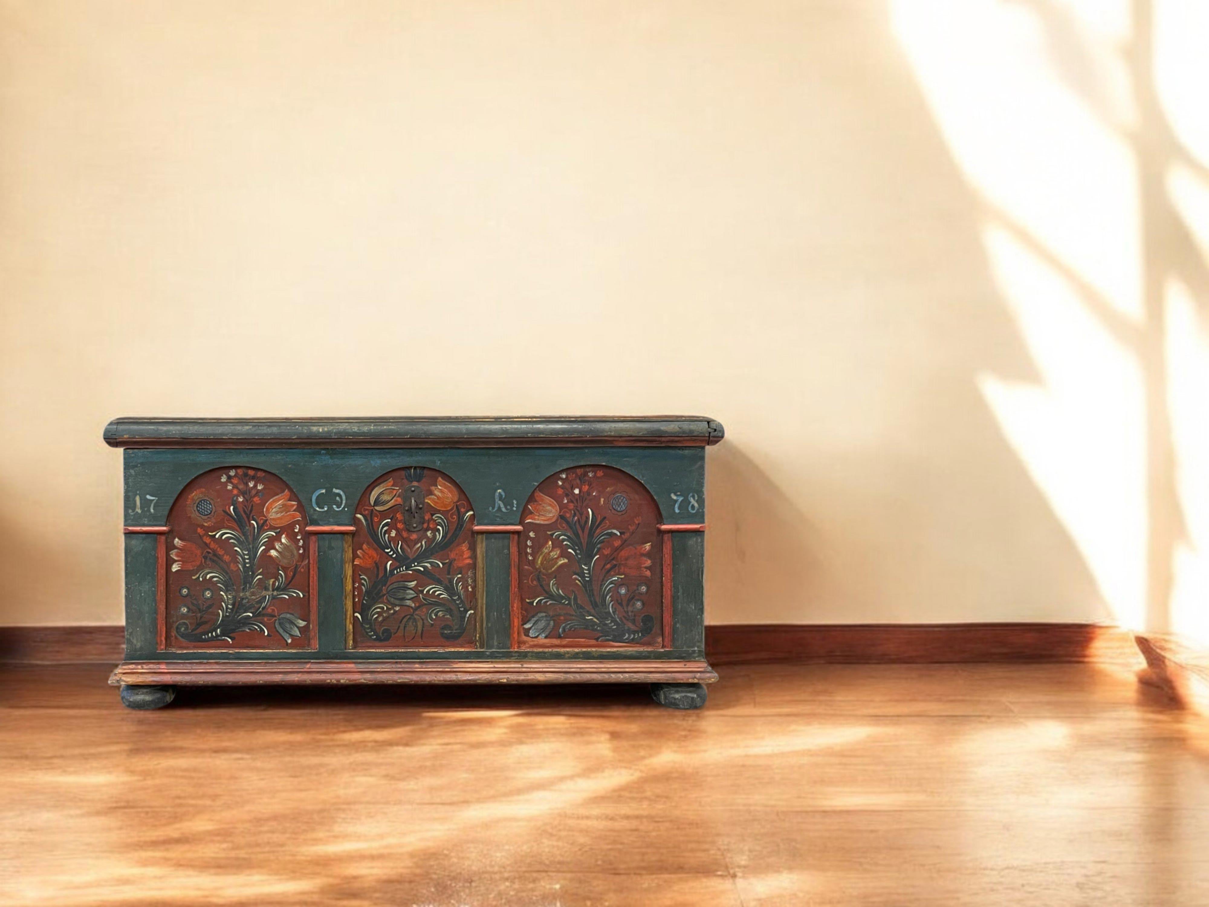 Alpine Chest

Measurements: H. 57 cm – W. 120 cm – D. 57 cm
Period: 1778
Origin: Bavarian Alps
Wood: Fir

Description:
Ancient chest made of fir wood and entirely painted in petrol green, with onion-shaped legs
entirely made of fir wood, with