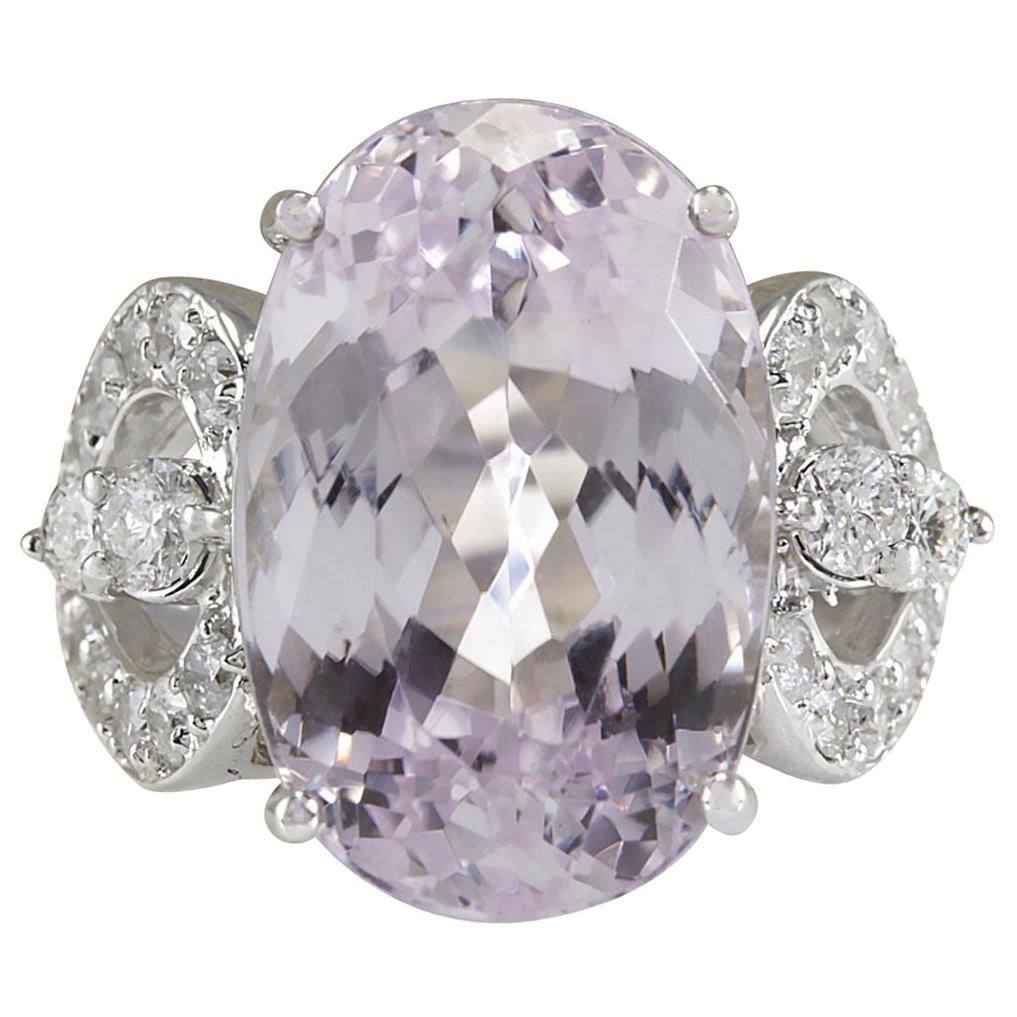 Natural Kunzite Diamond Ring In 14 Karat White Gold  For Sale