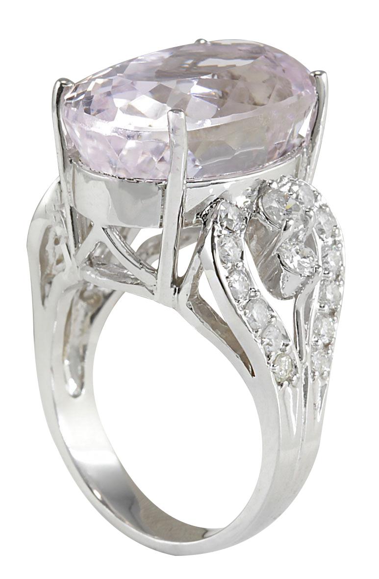 Oval Cut Natural Kunzite Diamond Ring In 14 Karat White Gold  For Sale