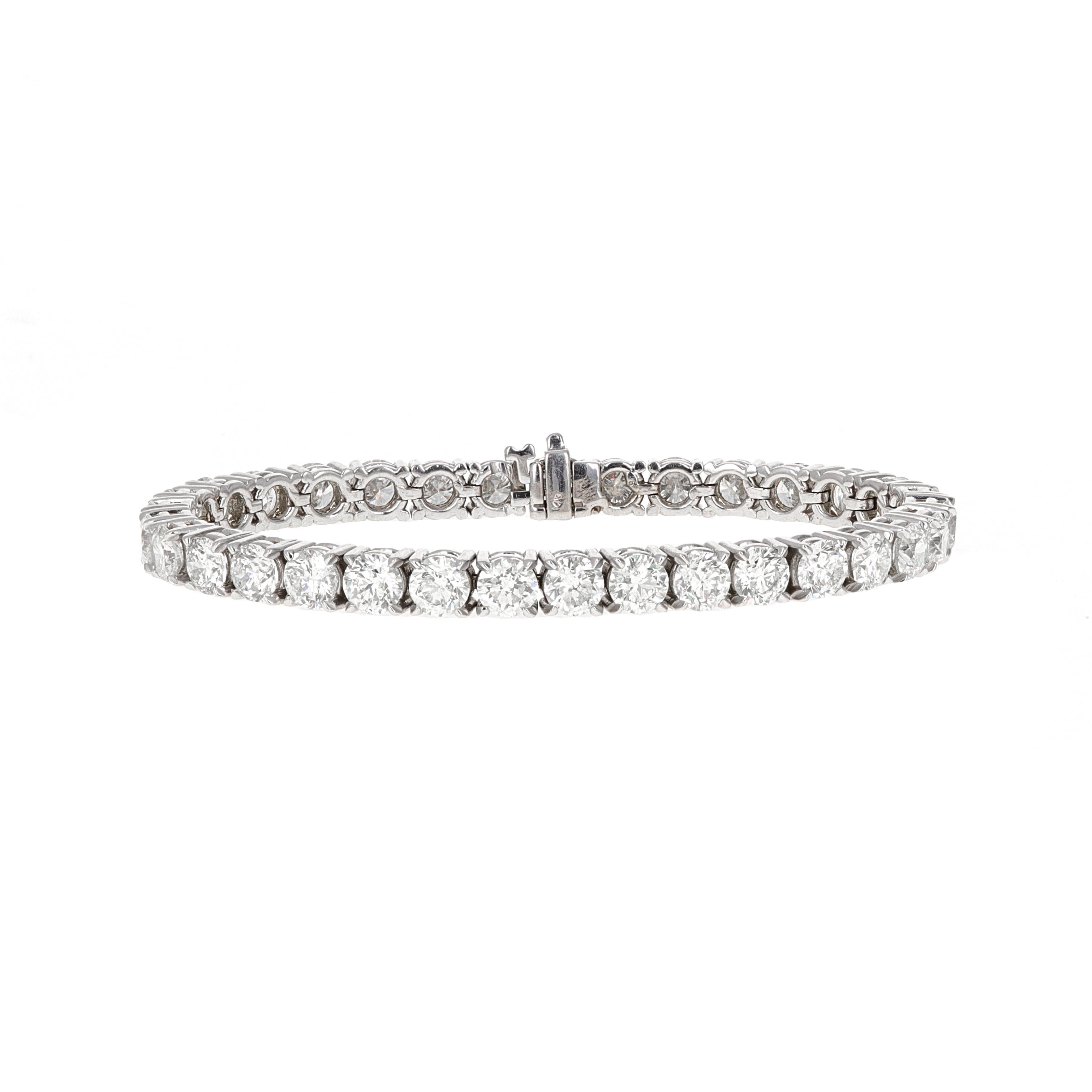 17.78 carat total weight, white gold diamond tennis bracelet. The bracelet has 33 round brilliant diamonds each weighing over 0.50 carats each. The stones are white in color and eye clean. 

The bracelet is made in 14 karat white gold.

