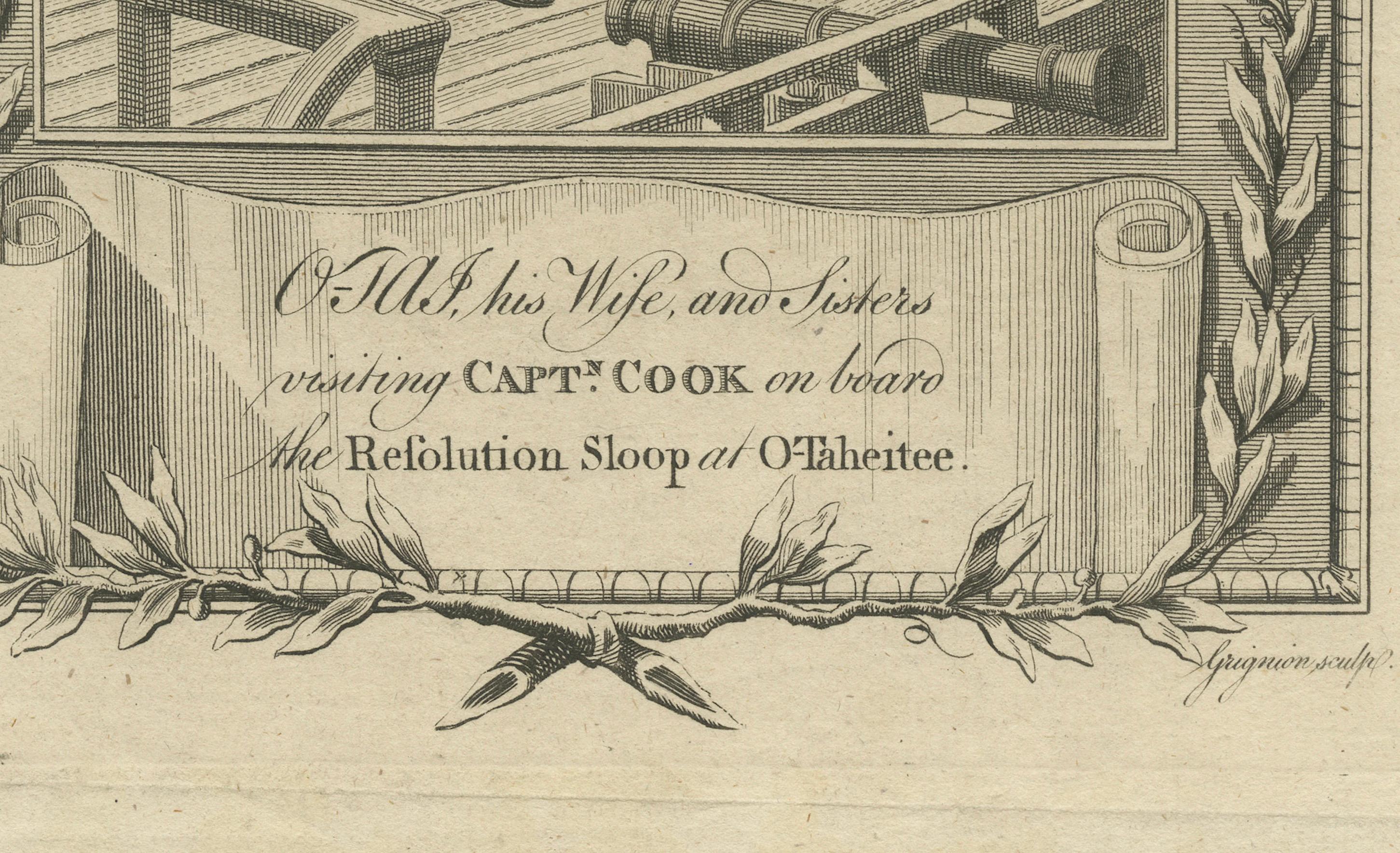 1778 Kupferstich: Captain Cooks zweite Reise - Begegnung mit den Tahitianern (Graviert) im Angebot