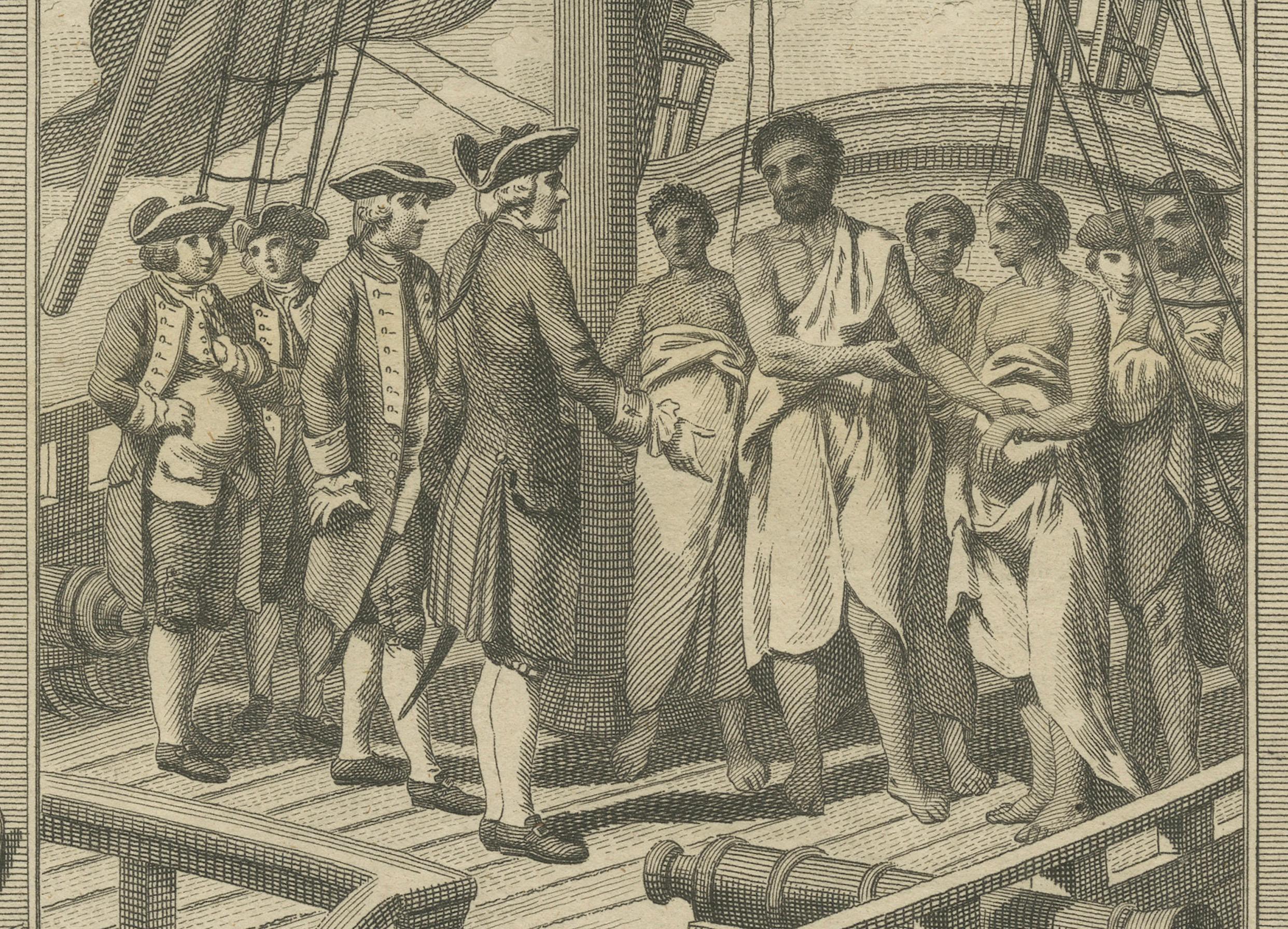 1778 Kupferstich: Captain Cooks zweite Reise - Begegnung mit den Tahitianern im Zustand „Gut“ im Angebot in Langweer, NL