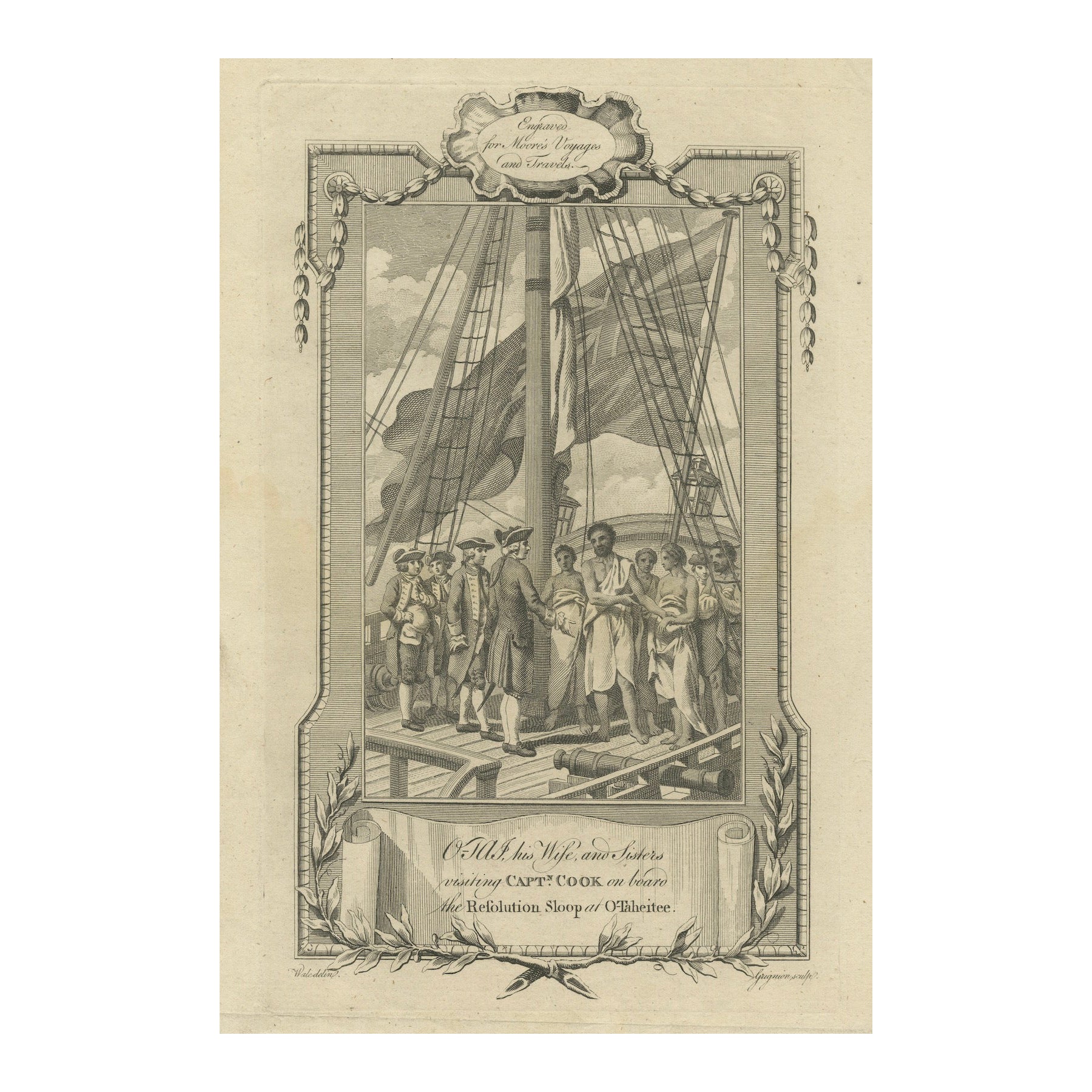 Gravure de 1778 : Le deuxième voyage du capitaine Cook : rencontrer les Tahitiens
