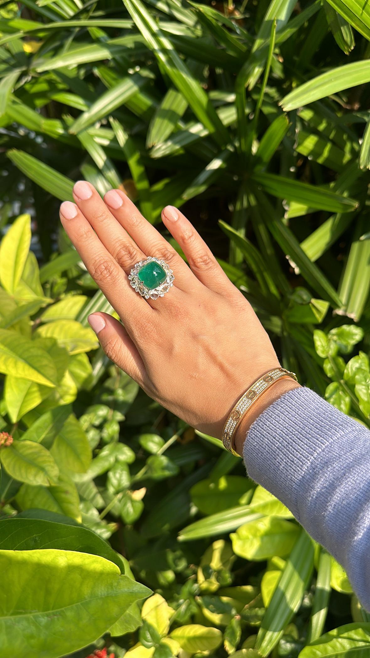 17.79 carats, natural Zambian Emerald Sugarloaf & Rose Cut Diamond Cocktail Ring 5