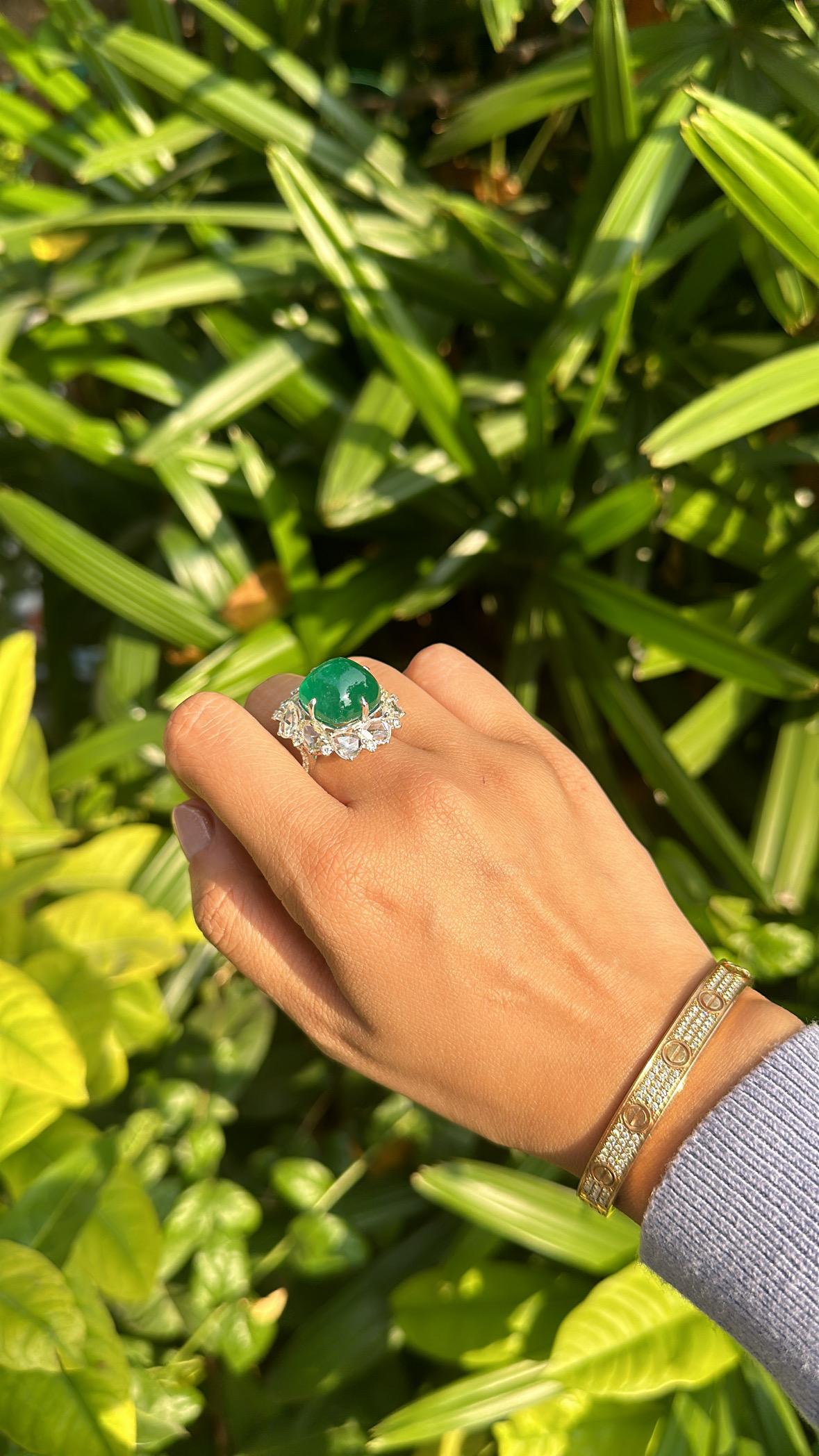 17.79 carats, natural Zambian Emerald Sugarloaf & Rose Cut Diamond Cocktail Ring 6
