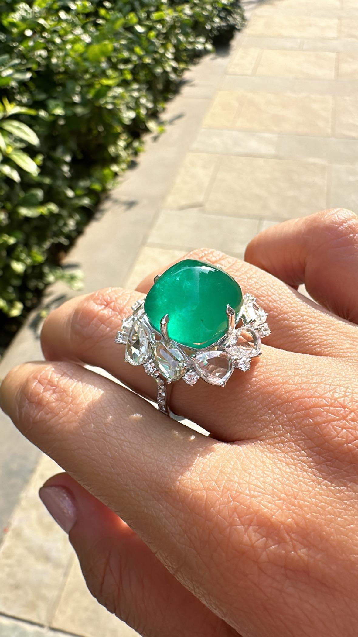 17.79 carats, natural Zambian Emerald Sugarloaf & Rose Cut Diamond Cocktail Ring 8
