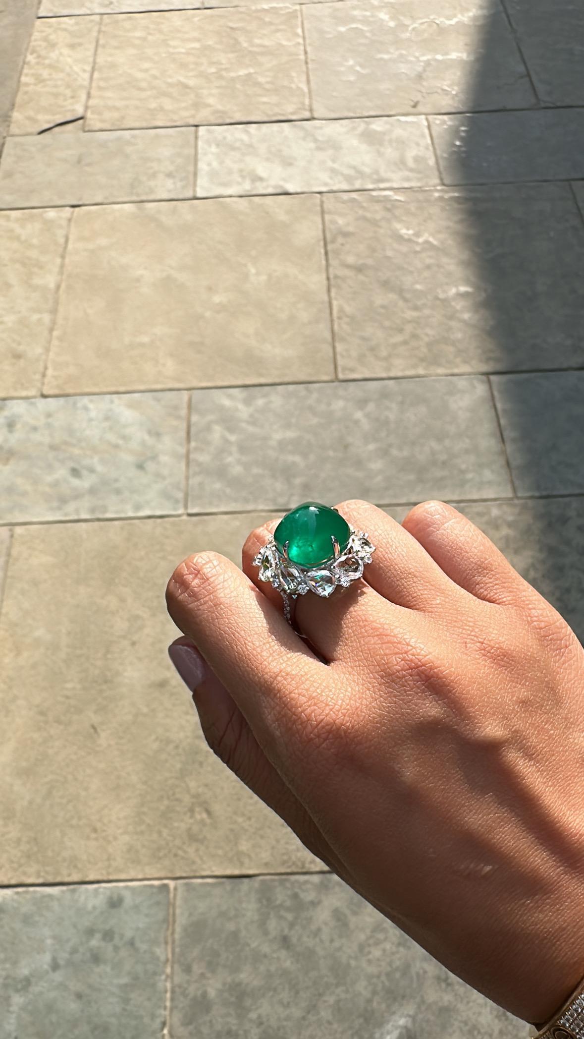 17.79 carats, natural Zambian Emerald Sugarloaf & Rose Cut Diamond Cocktail Ring 9
