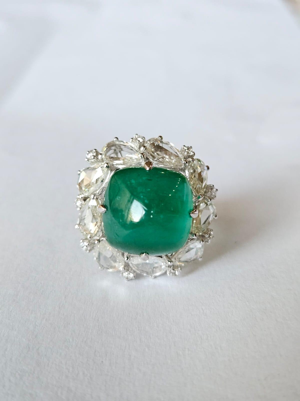 17.79 carats, natural Zambian Emerald Sugarloaf & Rose Cut Diamond Cocktail Ring In New Condition In Hong Kong, HK