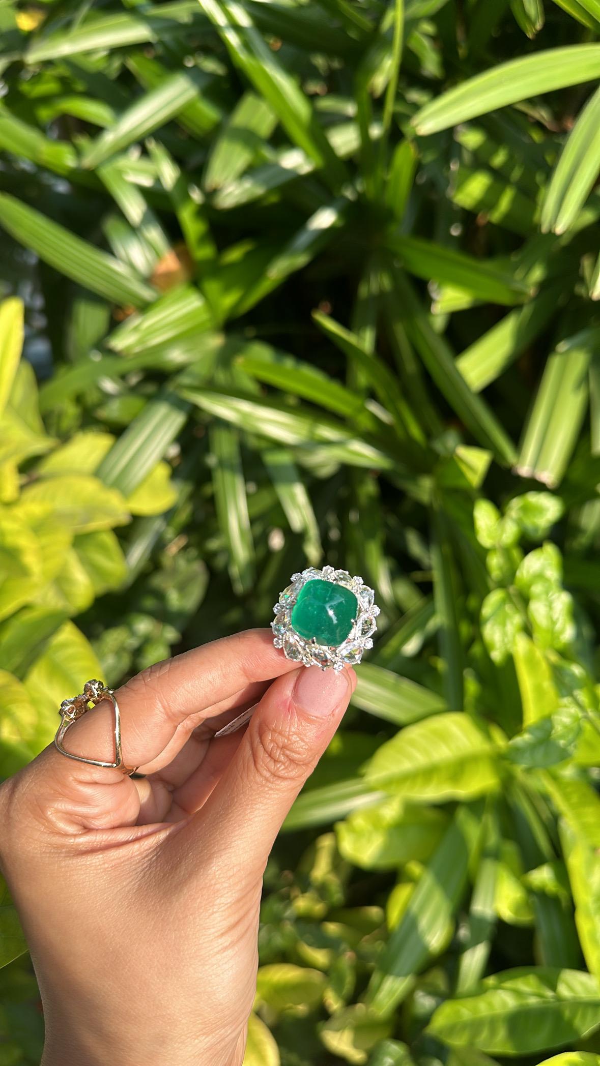 17.79 carats, natural Zambian Emerald Sugarloaf & Rose Cut Diamond Cocktail Ring 2