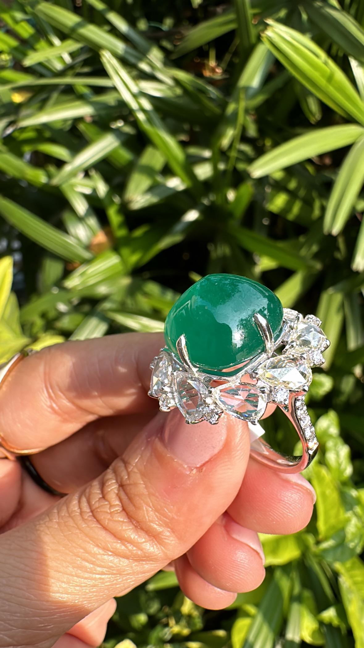 17.79 carats, natural Zambian Emerald Sugarloaf & Rose Cut Diamond Cocktail Ring 3