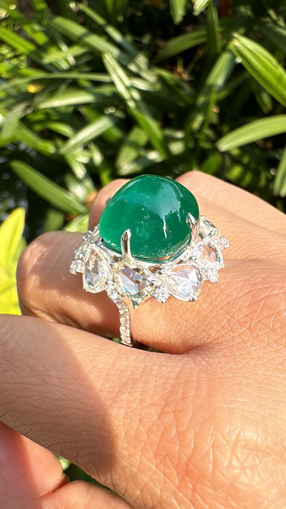 17.79 carats, natural Zambian Emerald Sugarloaf & Rose Cut Diamond Cocktail Ring 4