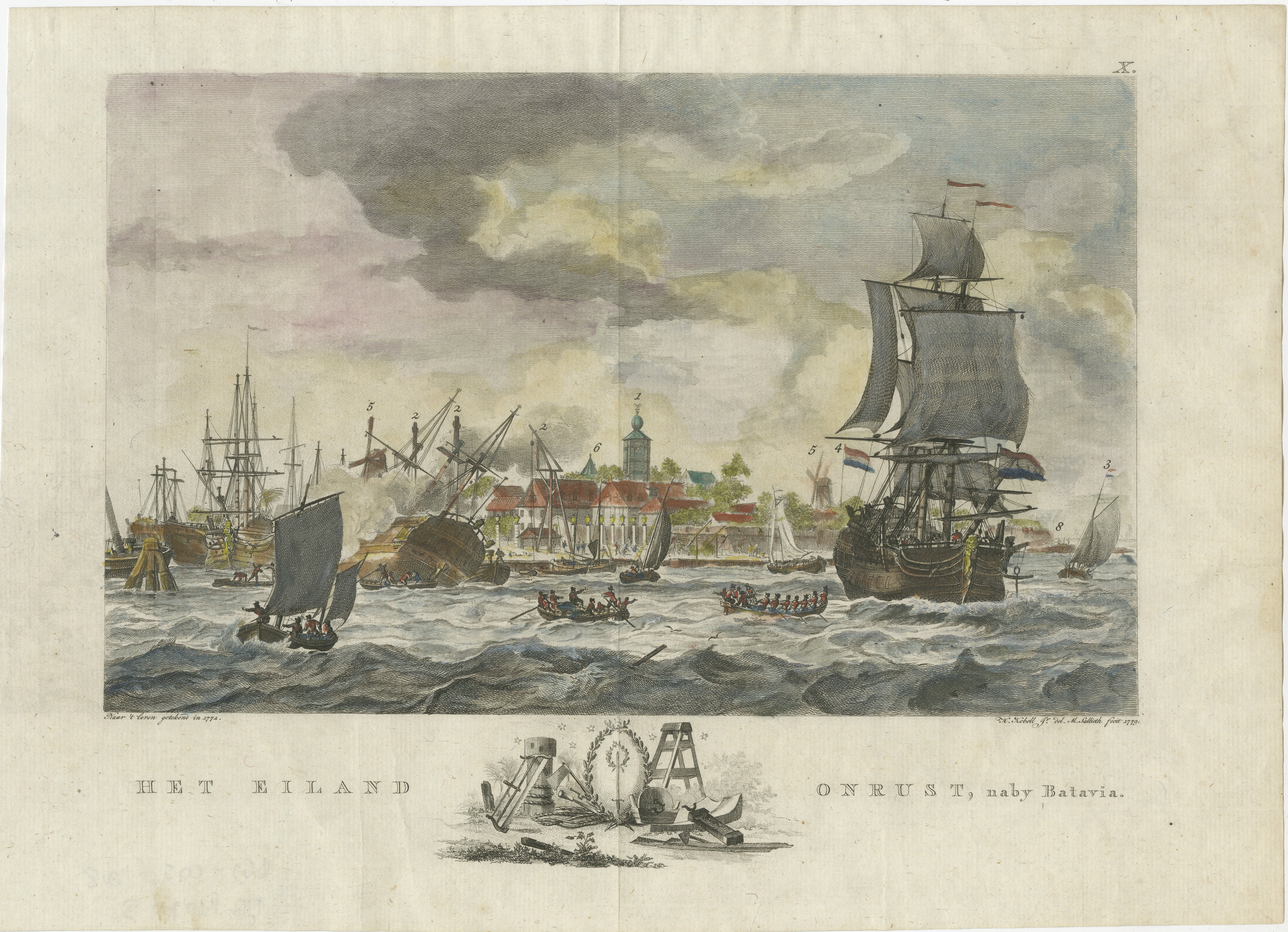 1779 View of Onrust Island Near Batavia with VOC Shipyard Activity

This hand-colored copper engraving, published in 1779, presents a vivid maritime scene titled Het Eiland Onrust, naby Batavia—translated as 