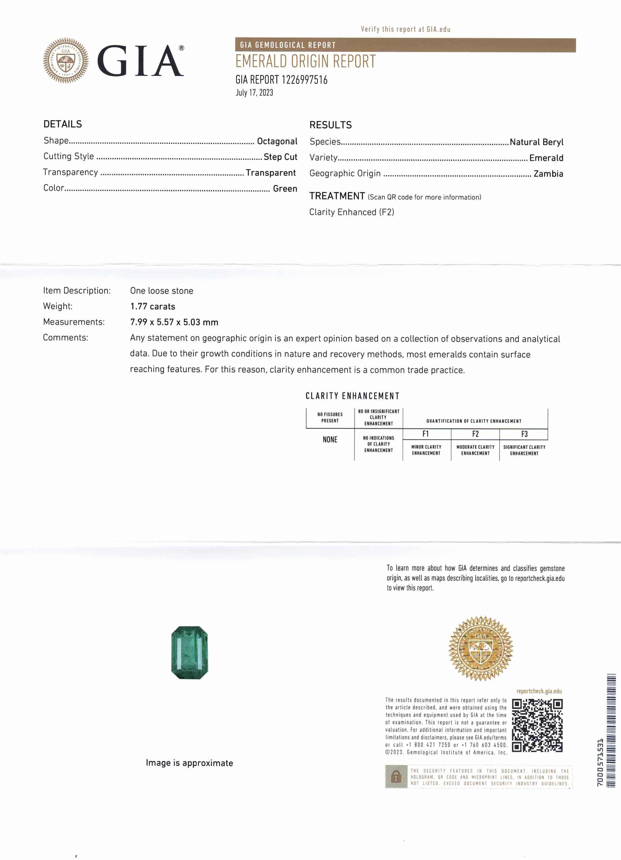 Women's or Men's 1.77ct Octagonal/Emerald Cut Green Emerald GIA Certified Zambia For Sale