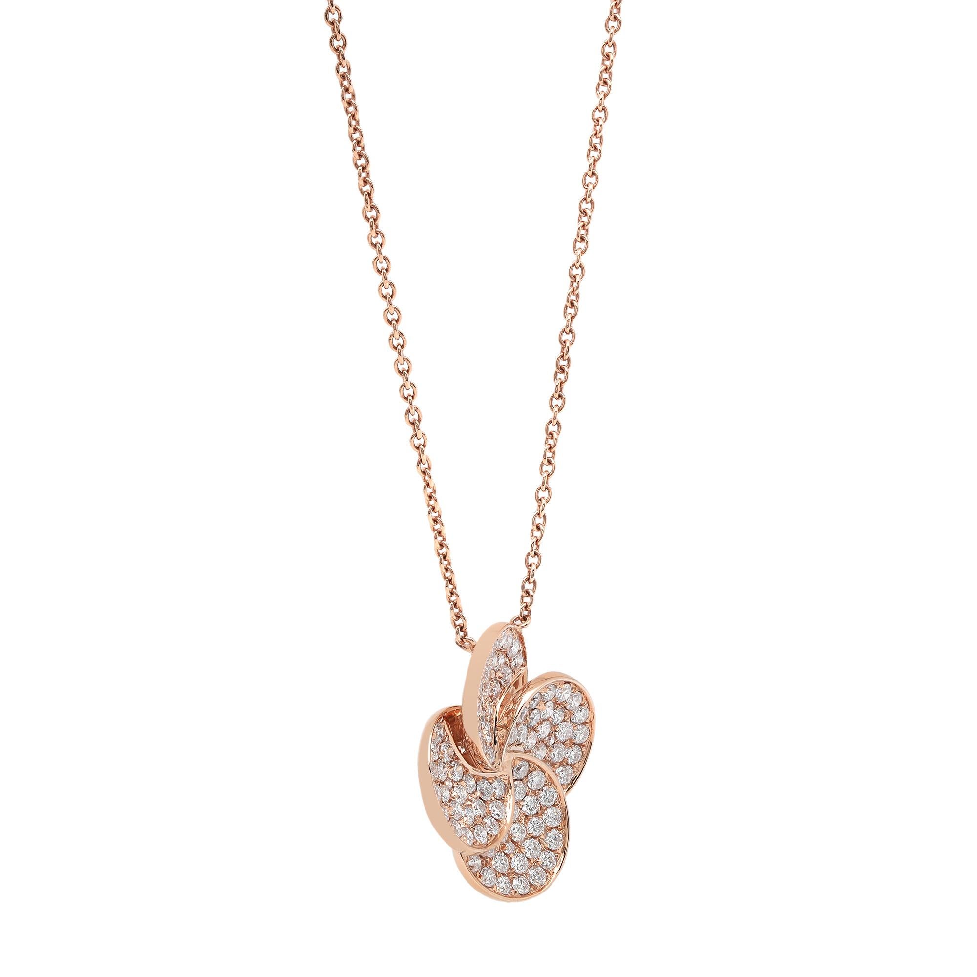 Modern 1.77Cttw Pave Set Round Cut Diamond Flower Pendant Necklace 18K Rose Gold For Sale