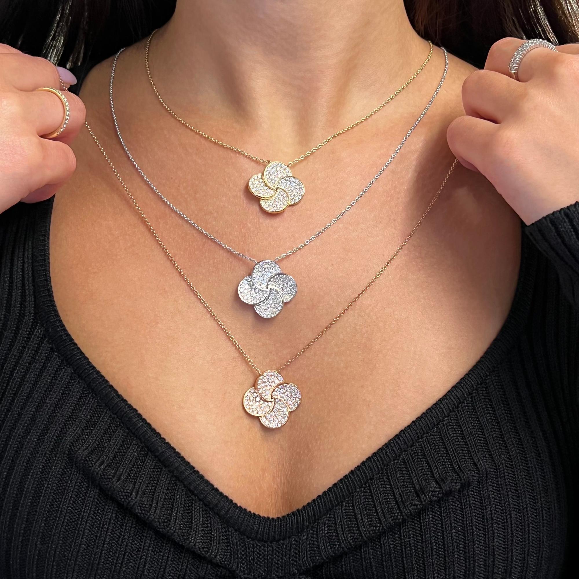 Women's 1.77Cttw Pave Set Round Cut Diamond Flower Pendant Necklace 18K Yellow Gold For Sale