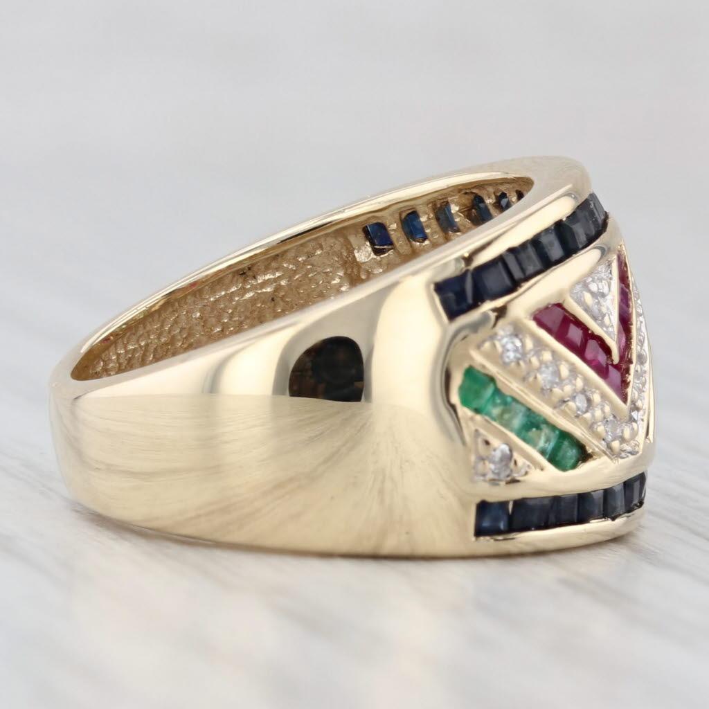 Taille carrée 1.77ctw Gemstone Mosaic Ring 10k Yellow Gold Sz 7 Sapphire Ruby Emerald Diamond en vente
