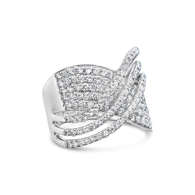 A unique ring that features 1.77 carat total weight of prong and pave set round brilliant diamonds in an overlapping criss-cross design set in 18 karat white gold. The ring is currently a size 6 but can be resized upon request. 
Measurements: Width