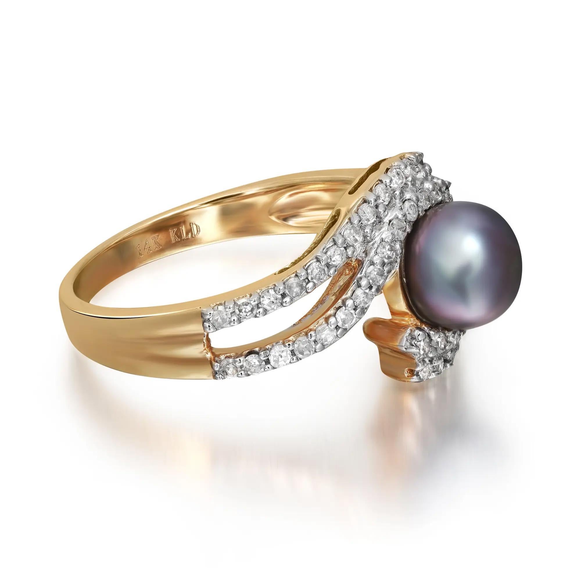Round Cut 1.77Ctw Tahitian Pearl And 0.35Ctw Diamond Ladies Cocktail Ring 14K Yellow Gold For Sale