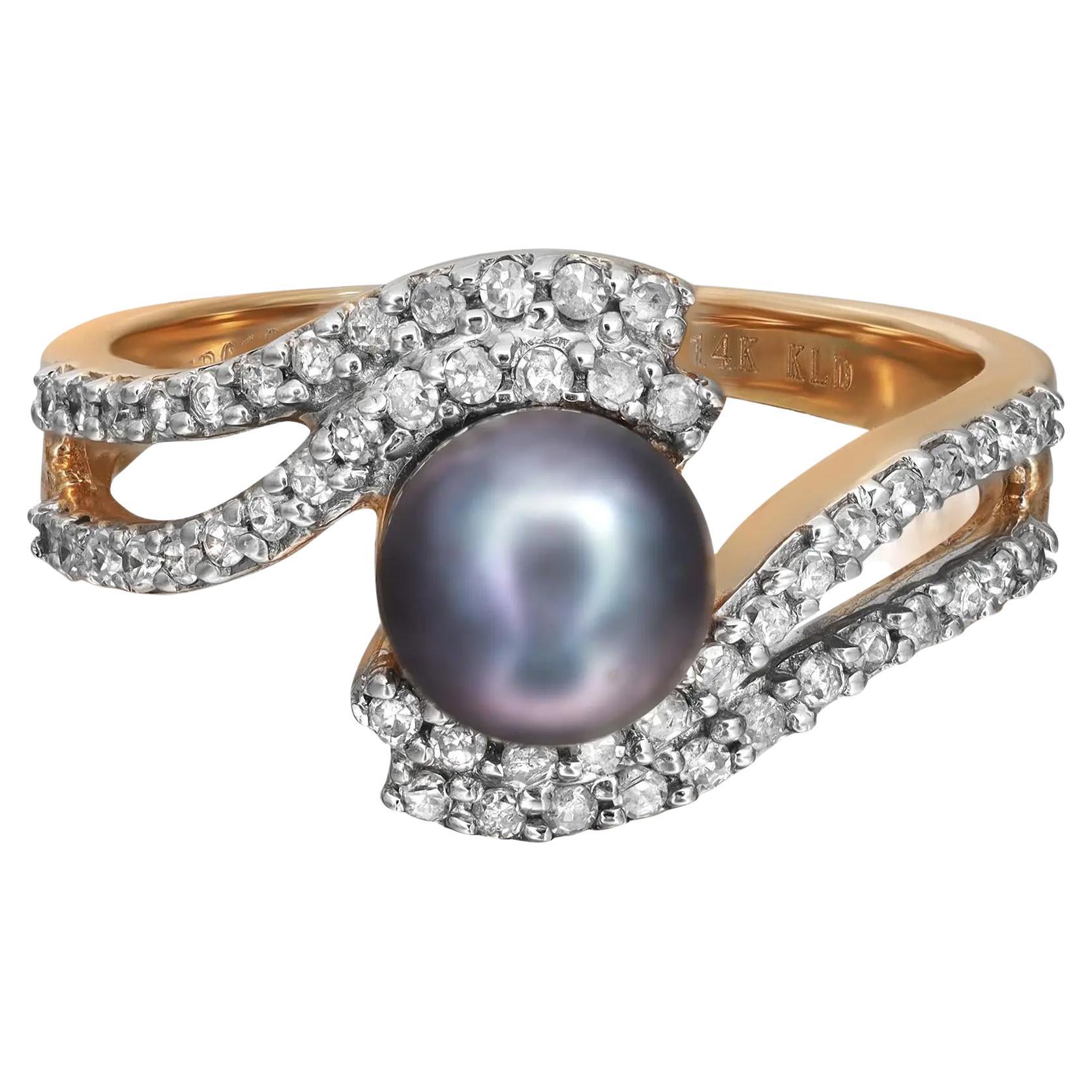 1.77Ctw Tahitian Pearl And 0.35Ctw Diamond Ladies Cocktail Ring 14K Yellow Gold For Sale