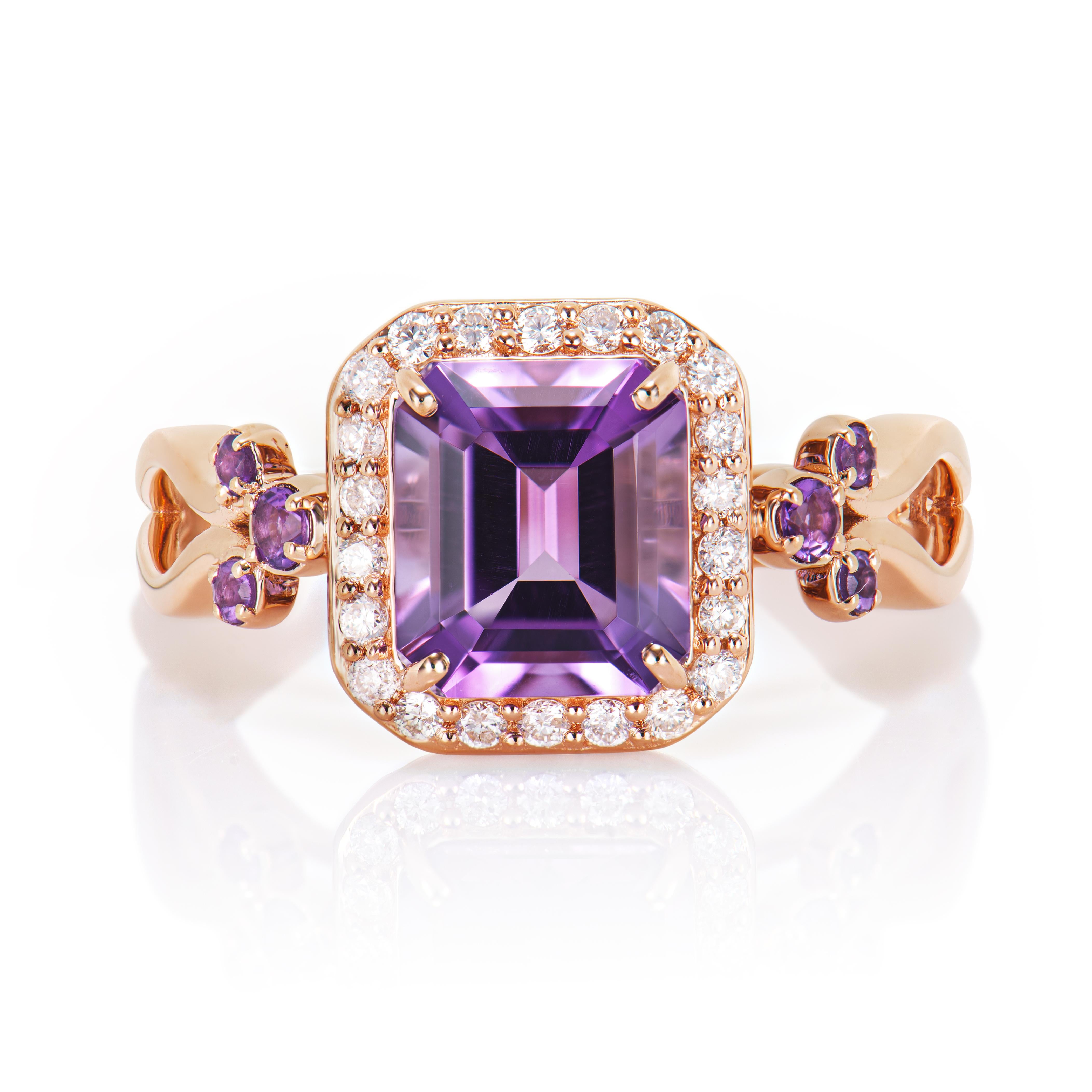 Contemporary 1.78 Carat Amethyst Fancy Ring in 14Karat Rose Gold with White Diamond.   For Sale