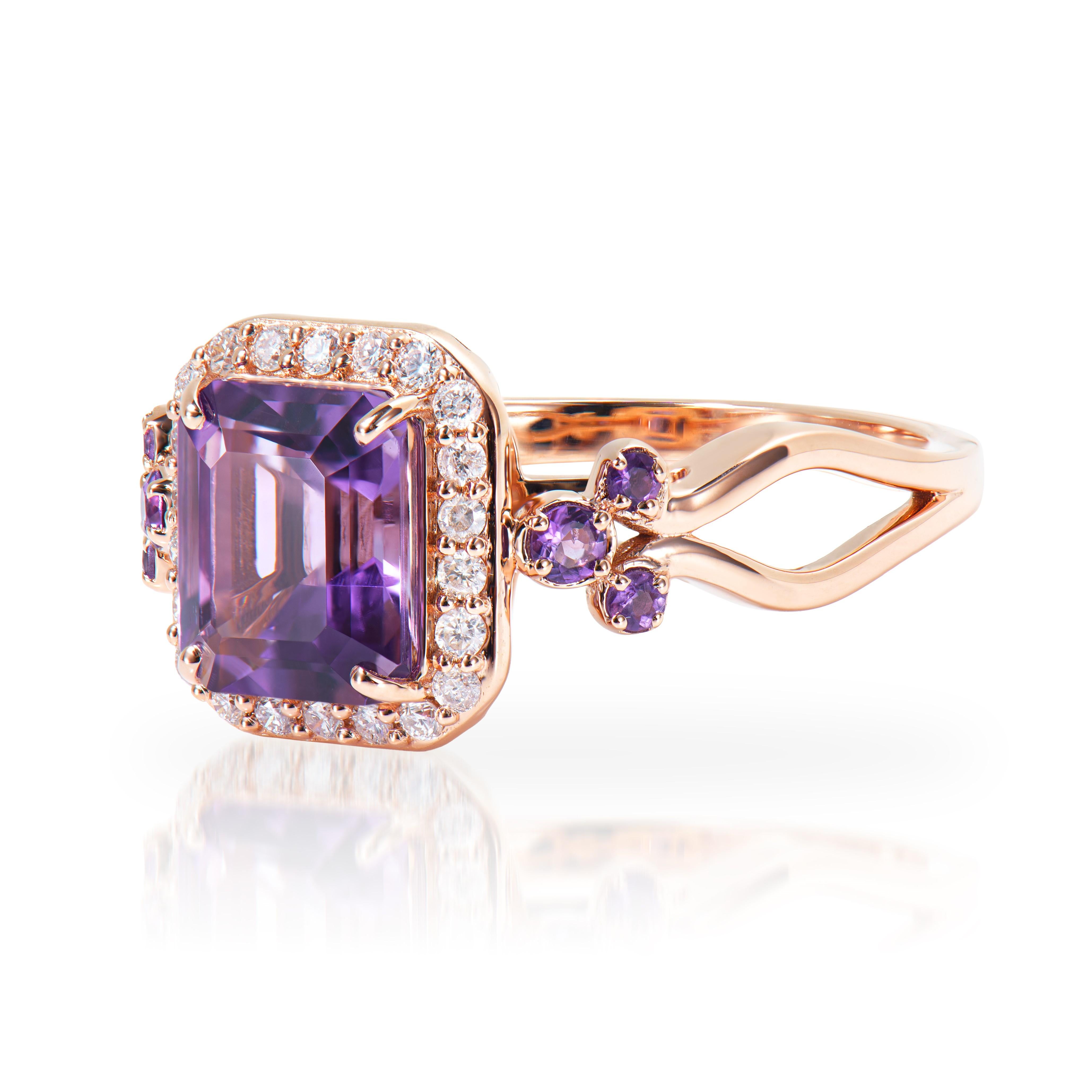 Octagon Cut 1.78 Carat Amethyst Fancy Ring in 14Karat Rose Gold with White Diamond.   For Sale