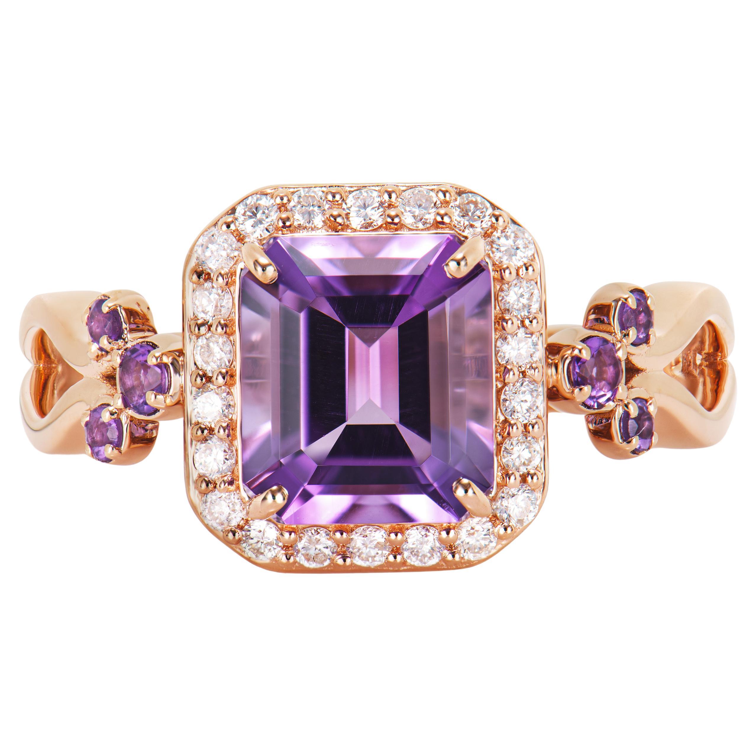 1.78 Carat Amethyst Fancy Ring in 14Karat Rose Gold with White Diamond.   For Sale