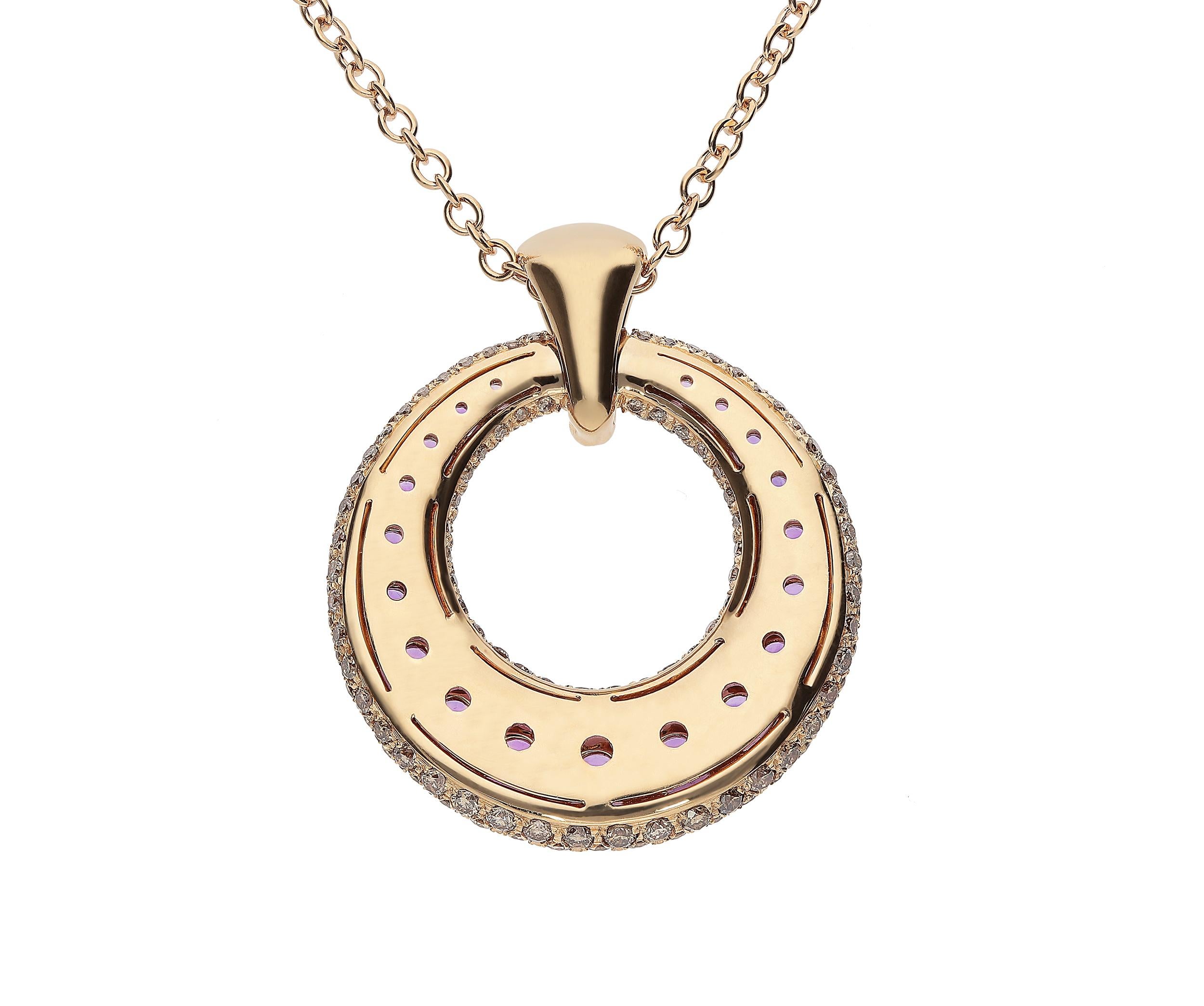 Round Cut 1.78 Carat Brown Diamonds 1.27 Carat Amethyst 18kt Pink Gold Pendant Necklace For Sale