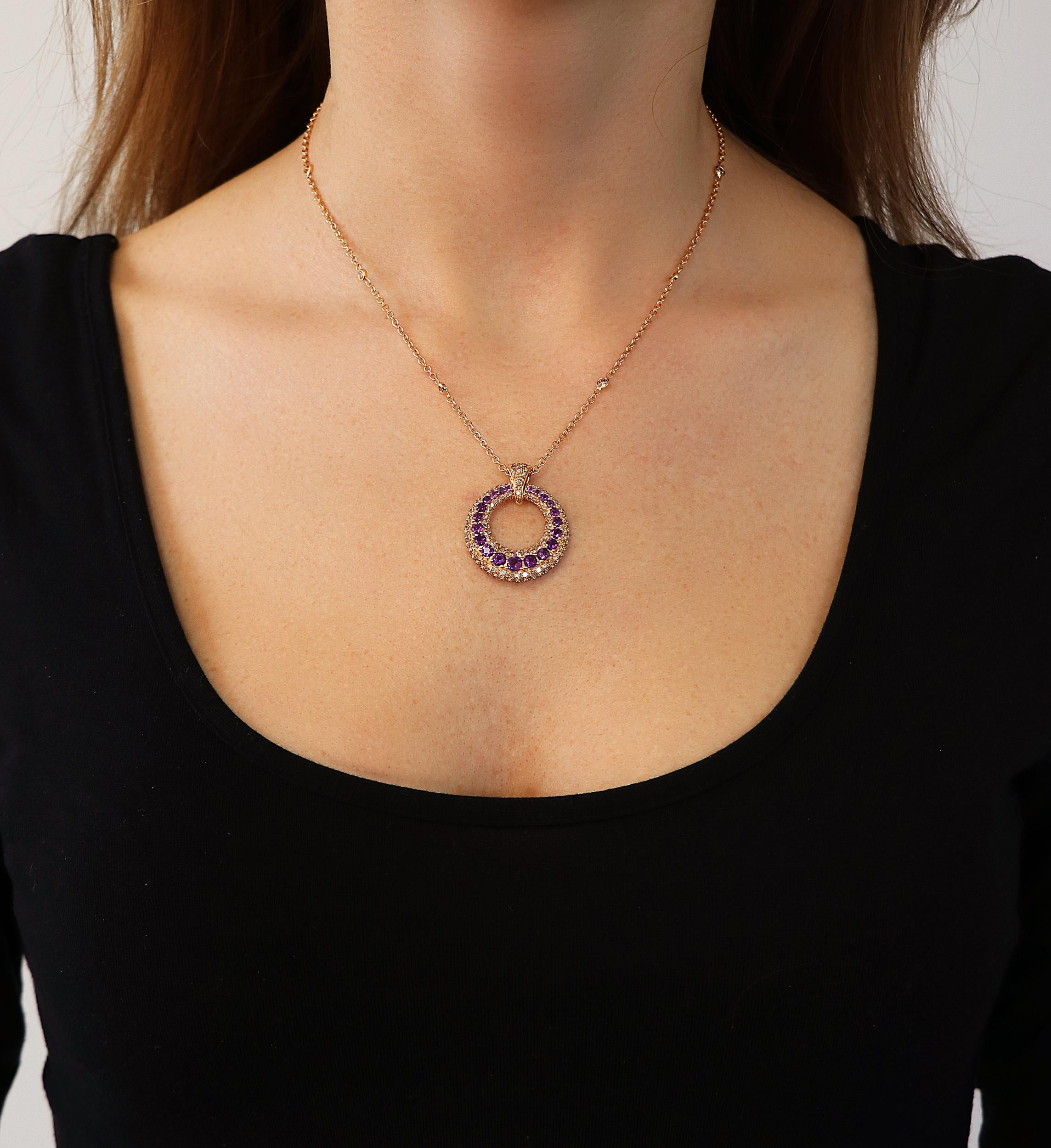 1.78 Carat Brown Diamonds 1.27 Carat Amethyst 18kt Pink Gold Pendant Necklace In New Condition For Sale In Valenza, IT
