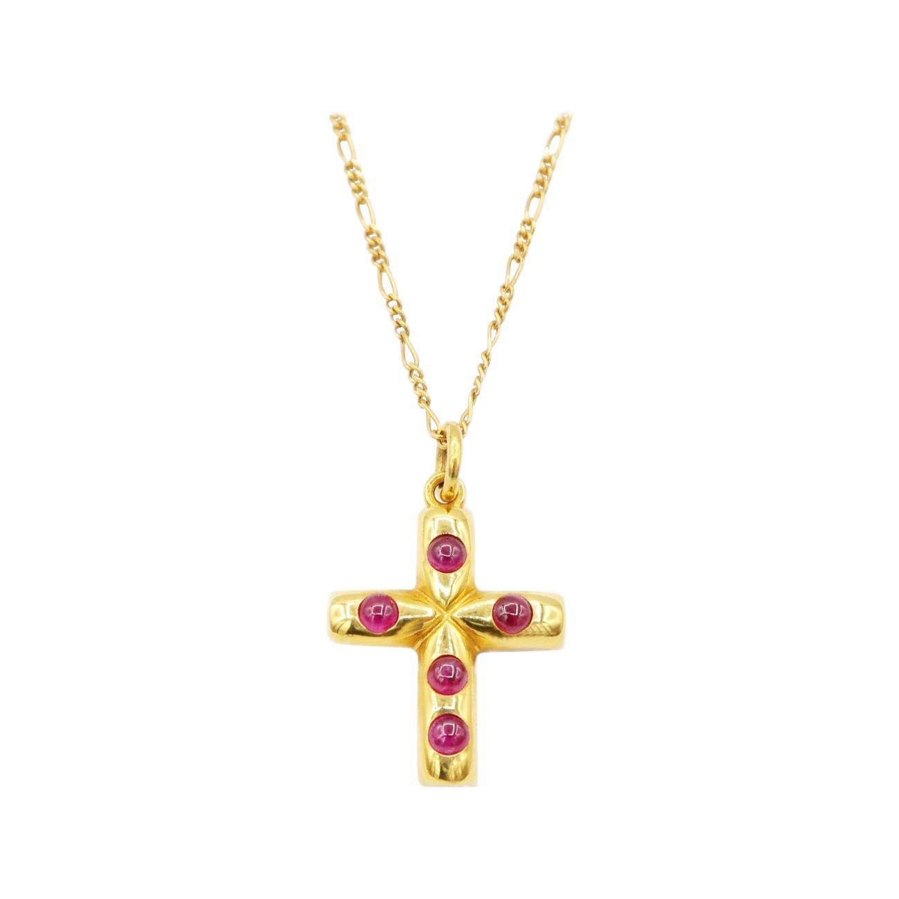 1.78 Carat Cabochon Ruby 18K Yellow Gold Cross Delicate Figaro Chain Necklace For Sale