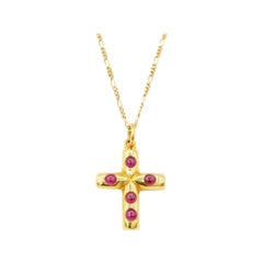 1.78 Carat Cabochon Ruby 18K Yellow Gold Cross Delicate Figaro Chain Necklace