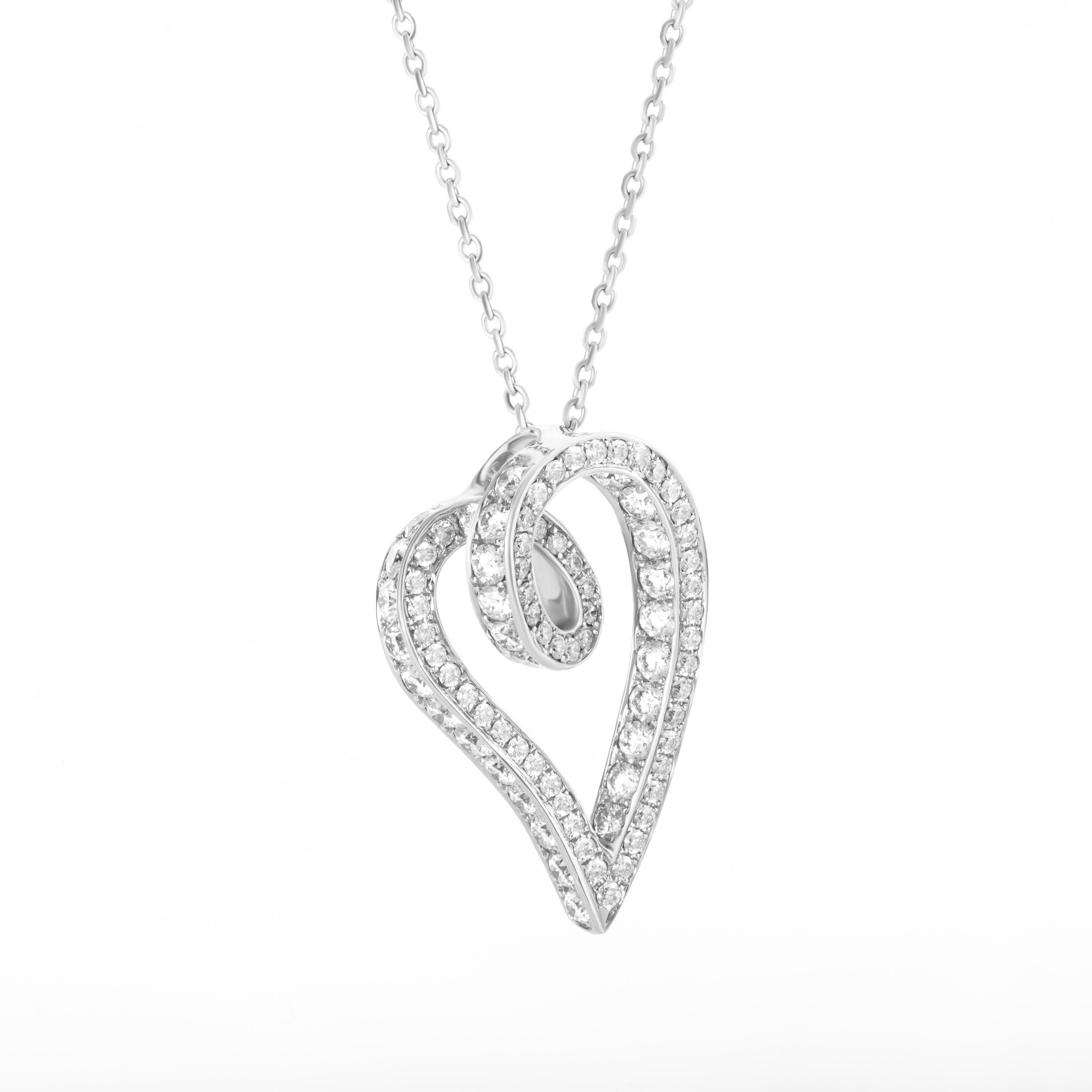 Cast in the shape of the heart, Butani's open heart pendant necklace is handcrafted from 18-karat white gold and is encrusted with 1.78 carats of sparkling round diamonds.  Wear it solo or layered with other pieces.  Chain length 16 inches.  Pendant