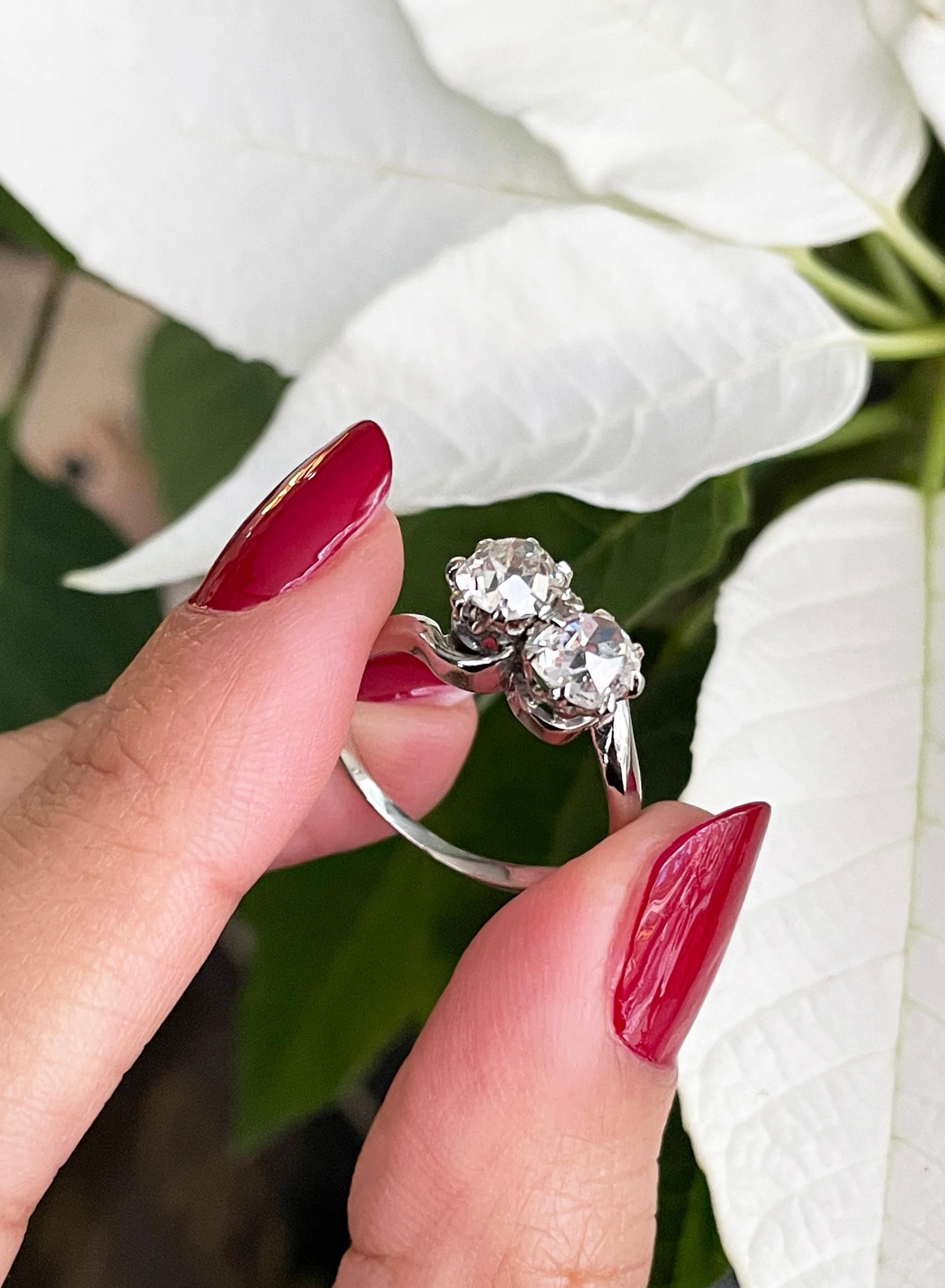 Edwardian 1.78 Carat Diamond Two-Stone Twist Platinum Engagement Ring, Circa 1930's