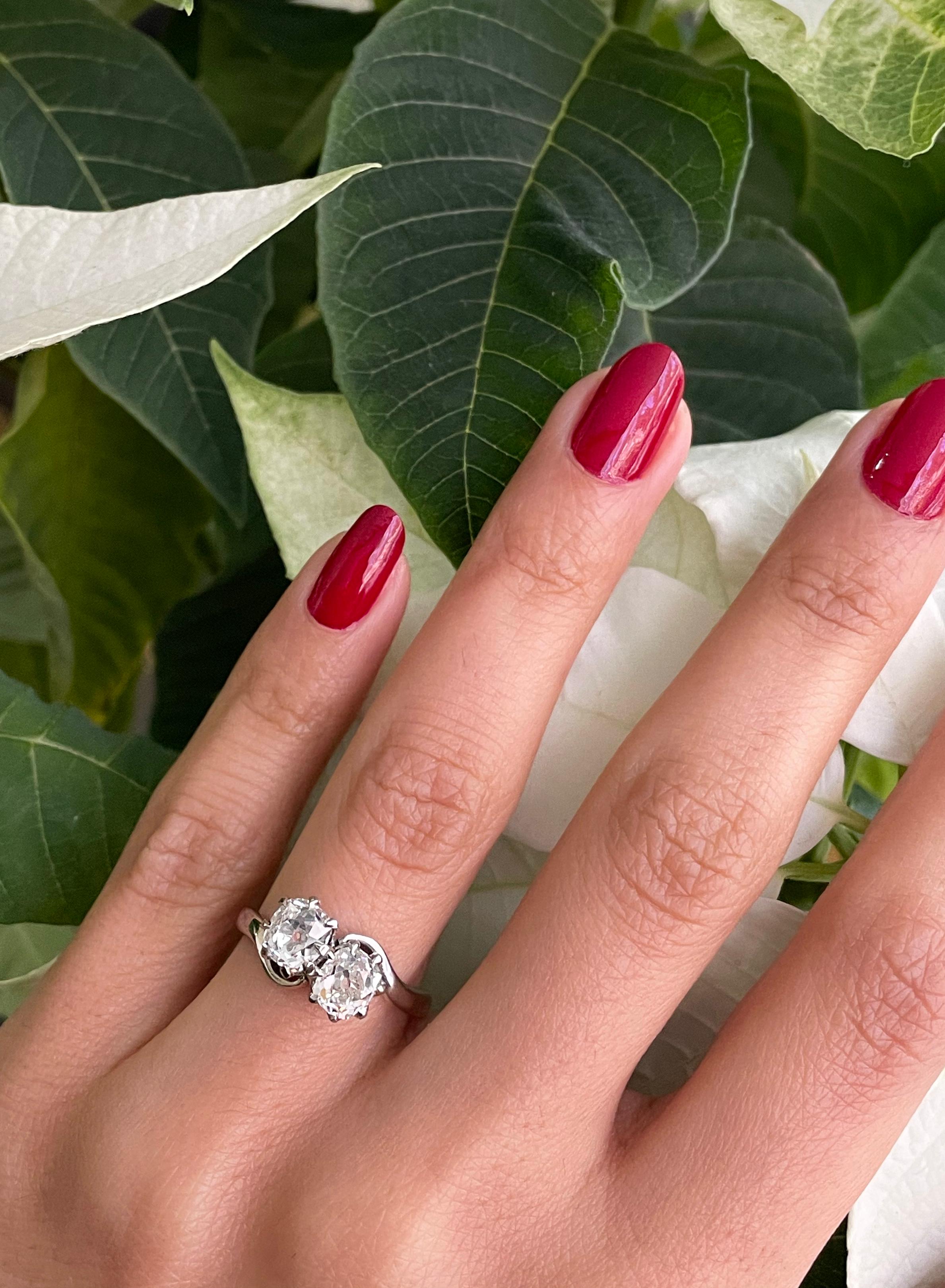 Old Mine Cut 1.78 Carat Diamond Two-Stone Twist Platinum Engagement Ring, Circa 1930's