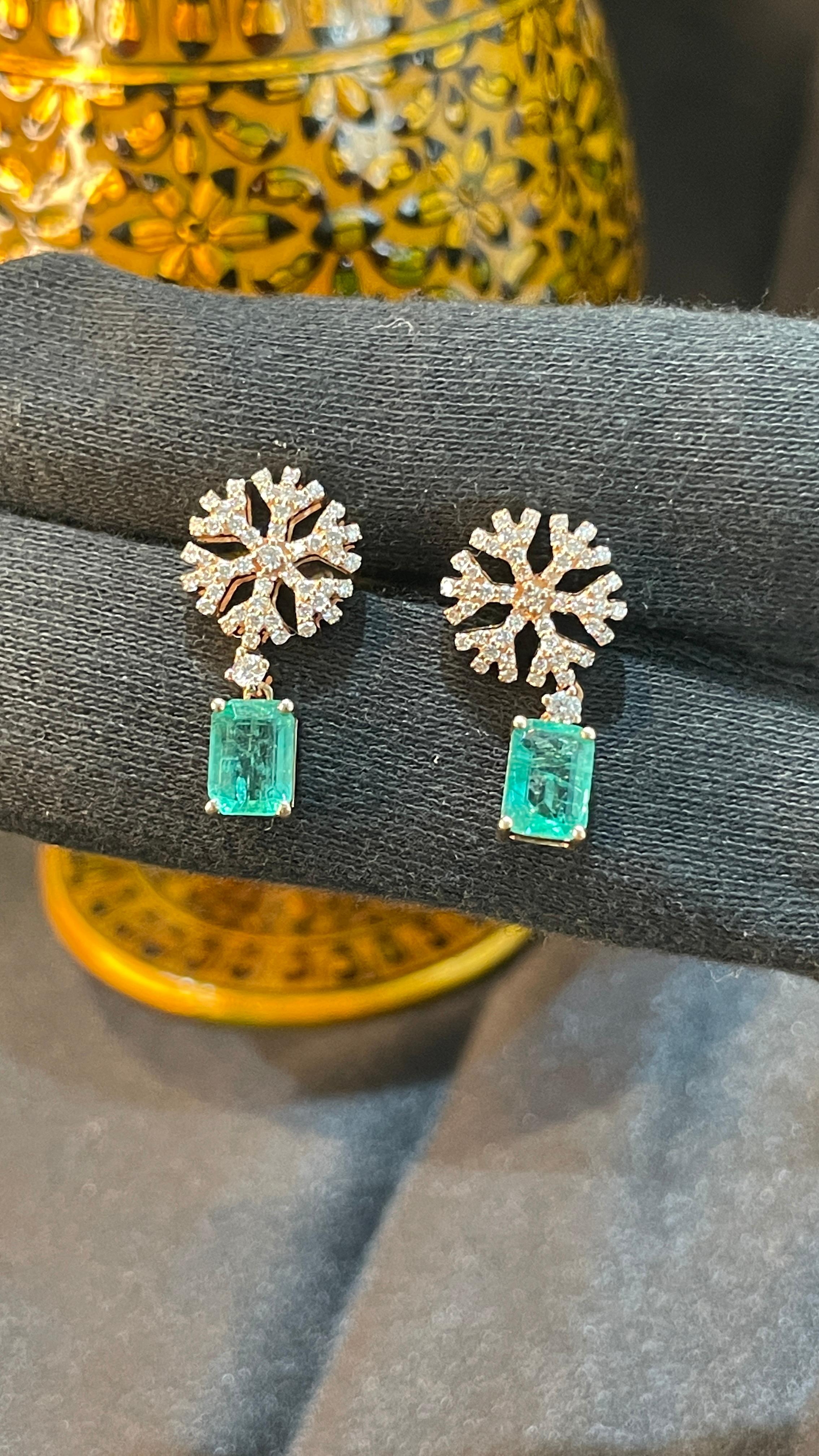 Art Deco 1.78 Carat Emerald Floral Drop Earrings in 18K Rose Gold with Diamonds  For Sale