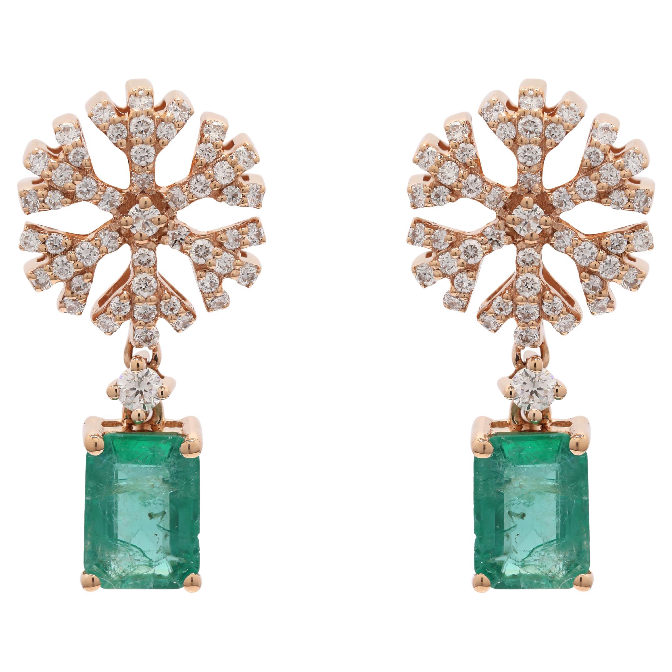 1.78 Carat Emerald Floral Drop Earrings in 18K Rose Gold with Diamonds  For Sale