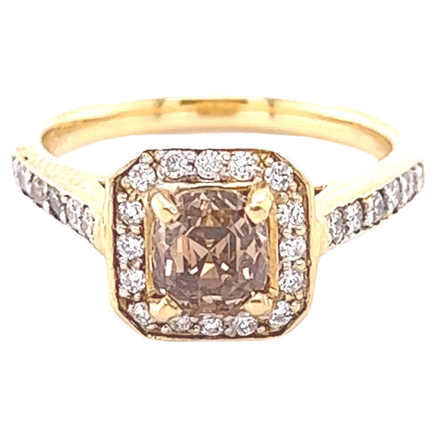 1.78 Carat Natural Brown Diamond White Diamond Yellow Gold Engagement Ring For Sale