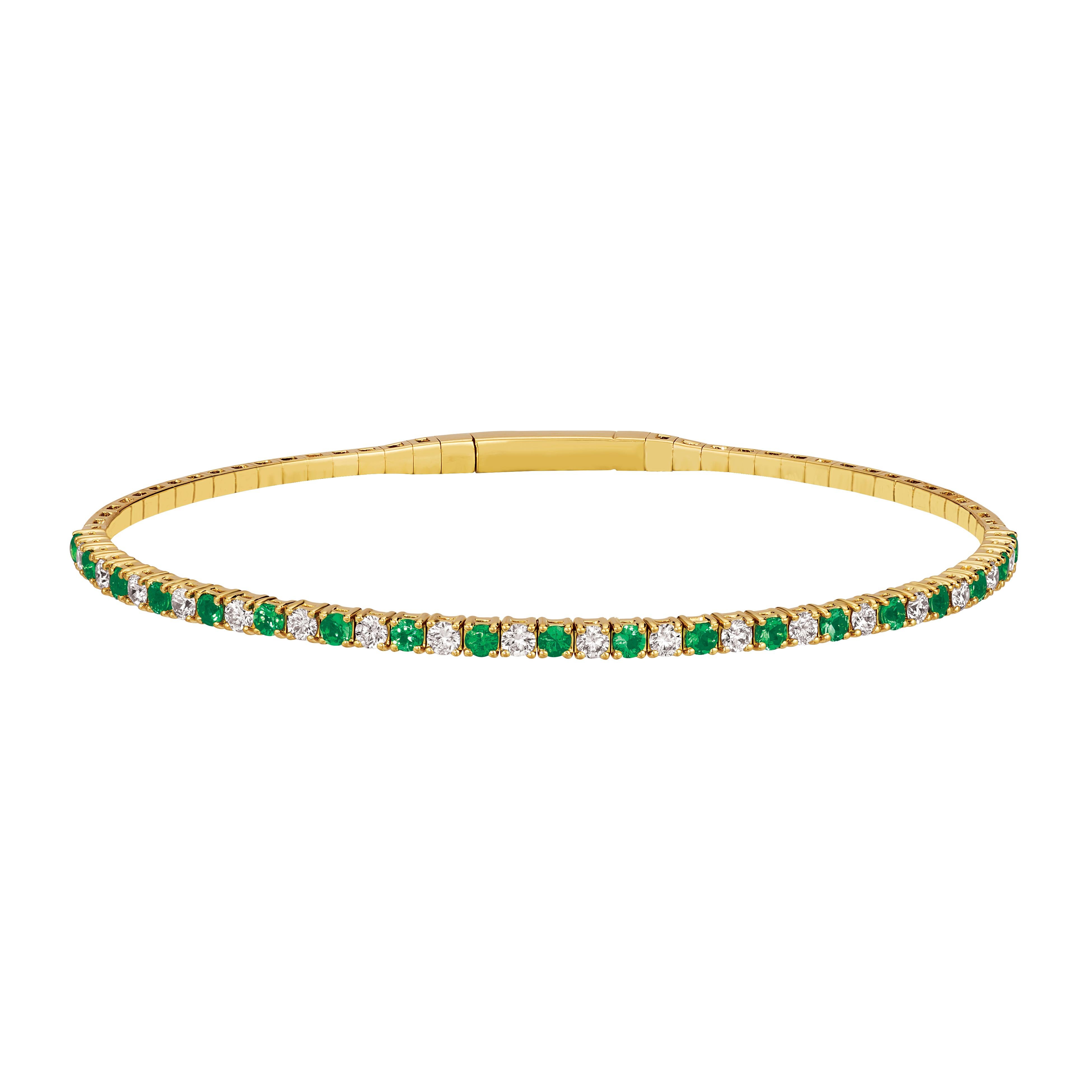 Round Cut 1.78 Carat Natural Diamond & Emerald Flexible Bangle G-H SI 14K Yellow Gold 7'' For Sale