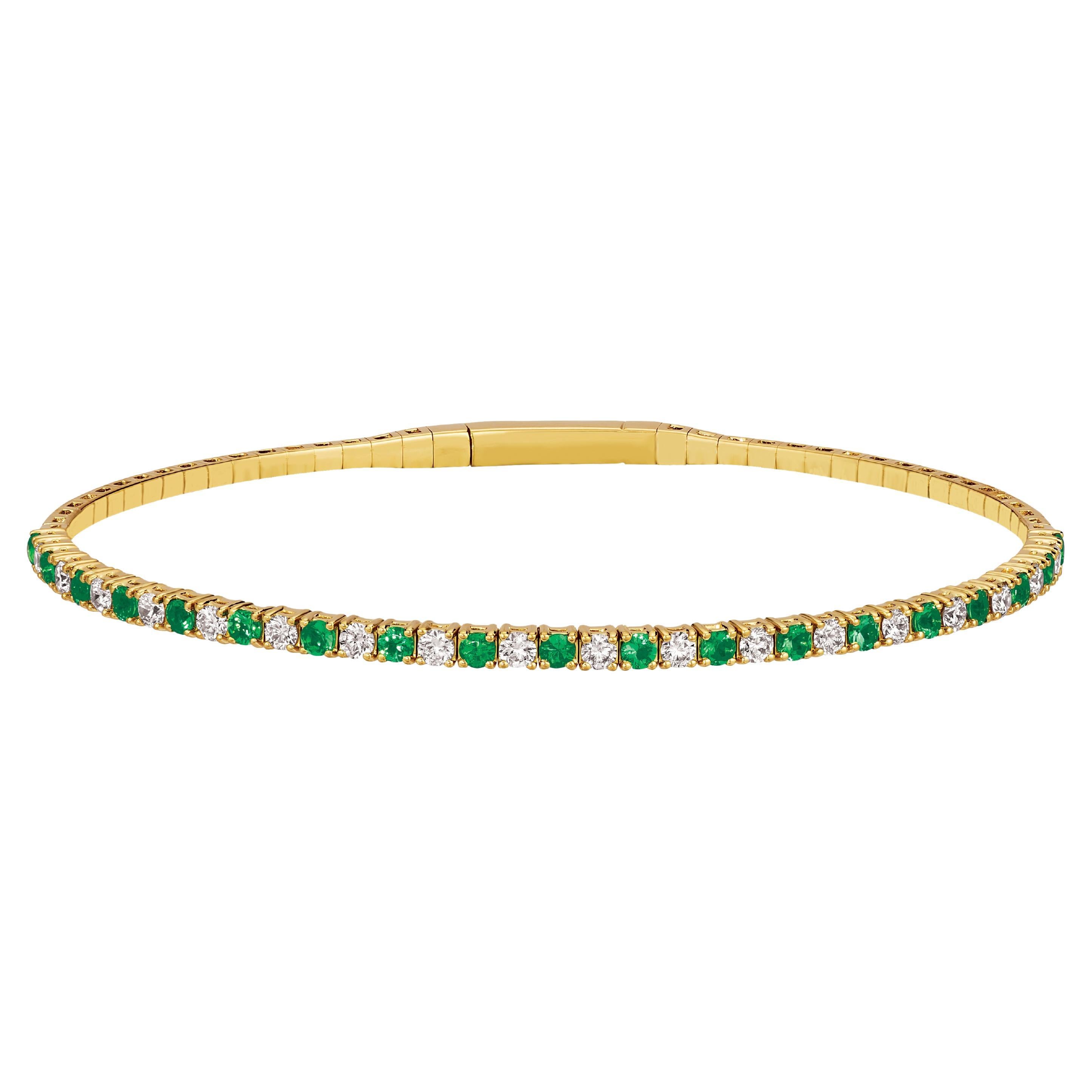 1.78 Carat Natural Diamond & Emerald Flexible Bangle G-H SI 14K Yellow Gold 7'' For Sale