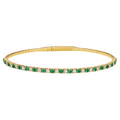 1.78 Carat Natural Diamond & Emerald Flexible Bangle G-H SI 14K Yellow Gold 7''