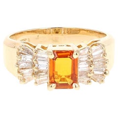 1.78 Carat  Natural Orange Sapphire Baguette Diamond Yellow Gold Ring
