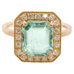 1.78 Carat pastel Color Colombian Emerald Diamond Solitaire Wedding Ring 18K