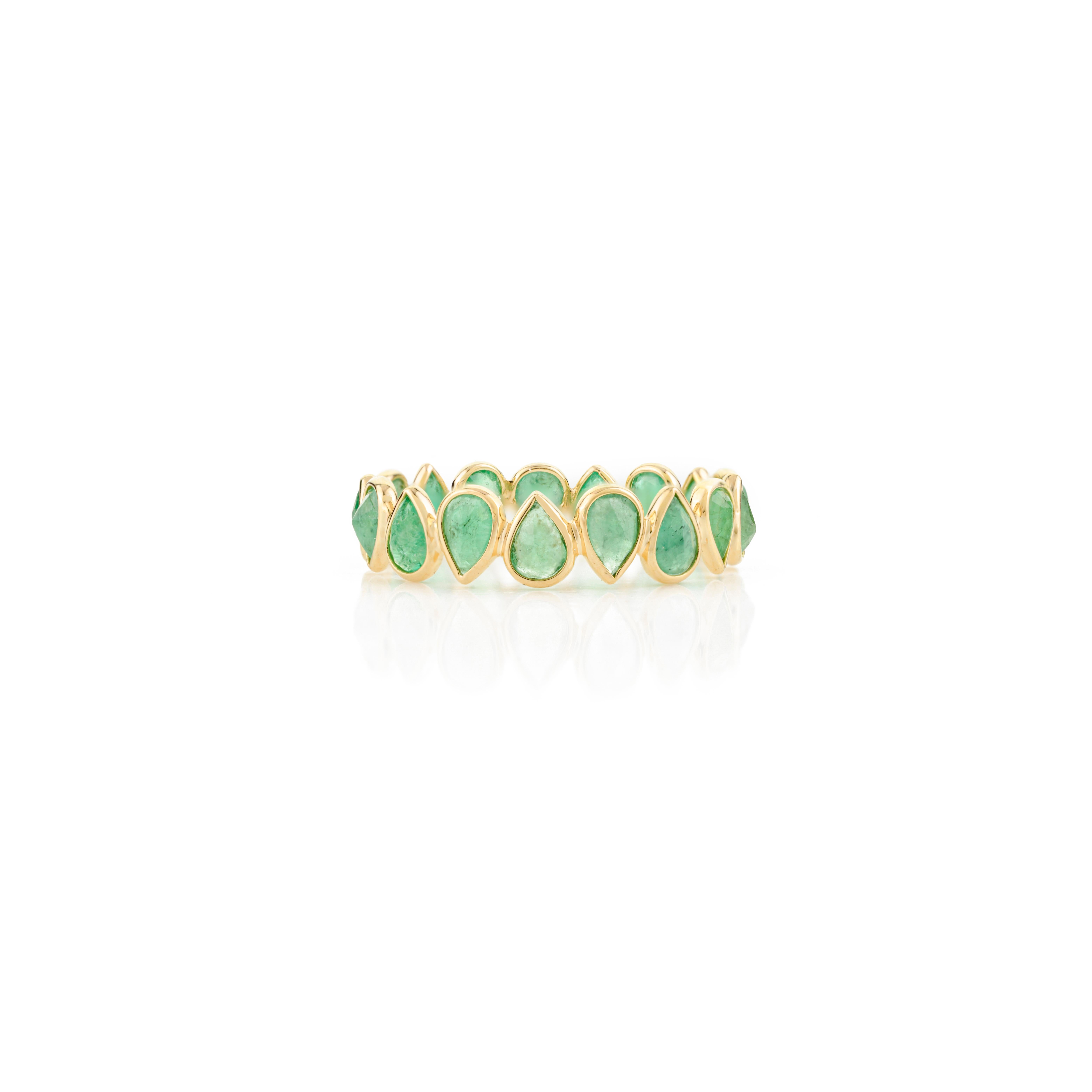 For Sale:  1.78 Carat Pear Cut Natural Emerald 18k Yellow Gold Full Eternity Band Ring 5